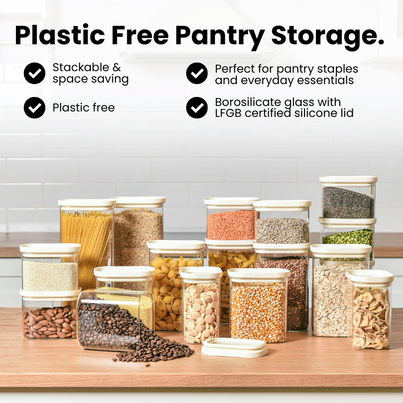 Rectangle Glass Pantry Storage Jars 1L - Cream - 2 Set