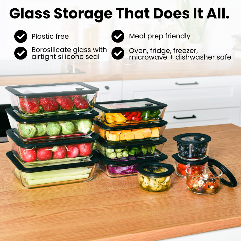 Glass Food Storage Containers Black - 12 Set Rectangle / Round - Meal Prep