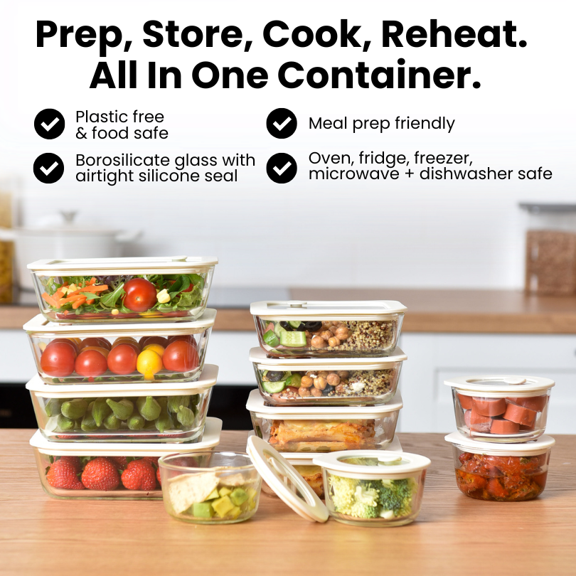 Glass Food Storage Containers 1170ml - Cream - 2 Set Square