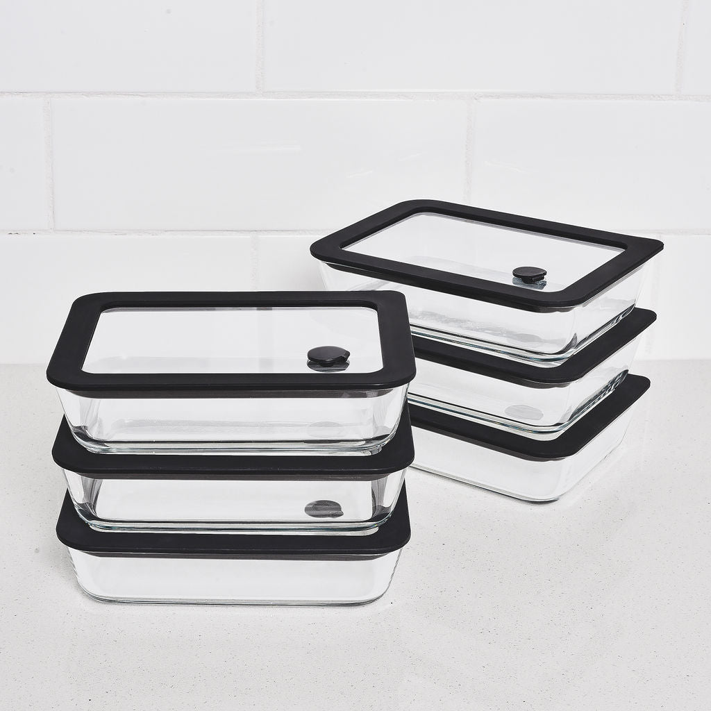Glass Food Storage Container 700ml Rectangle - 6 Set - Black