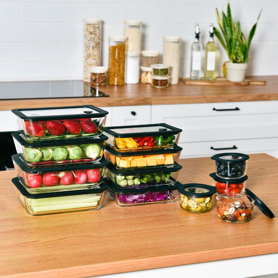 Glass Food Storage Containers Black - 12 Set Rectangle / Round - Meal Prep