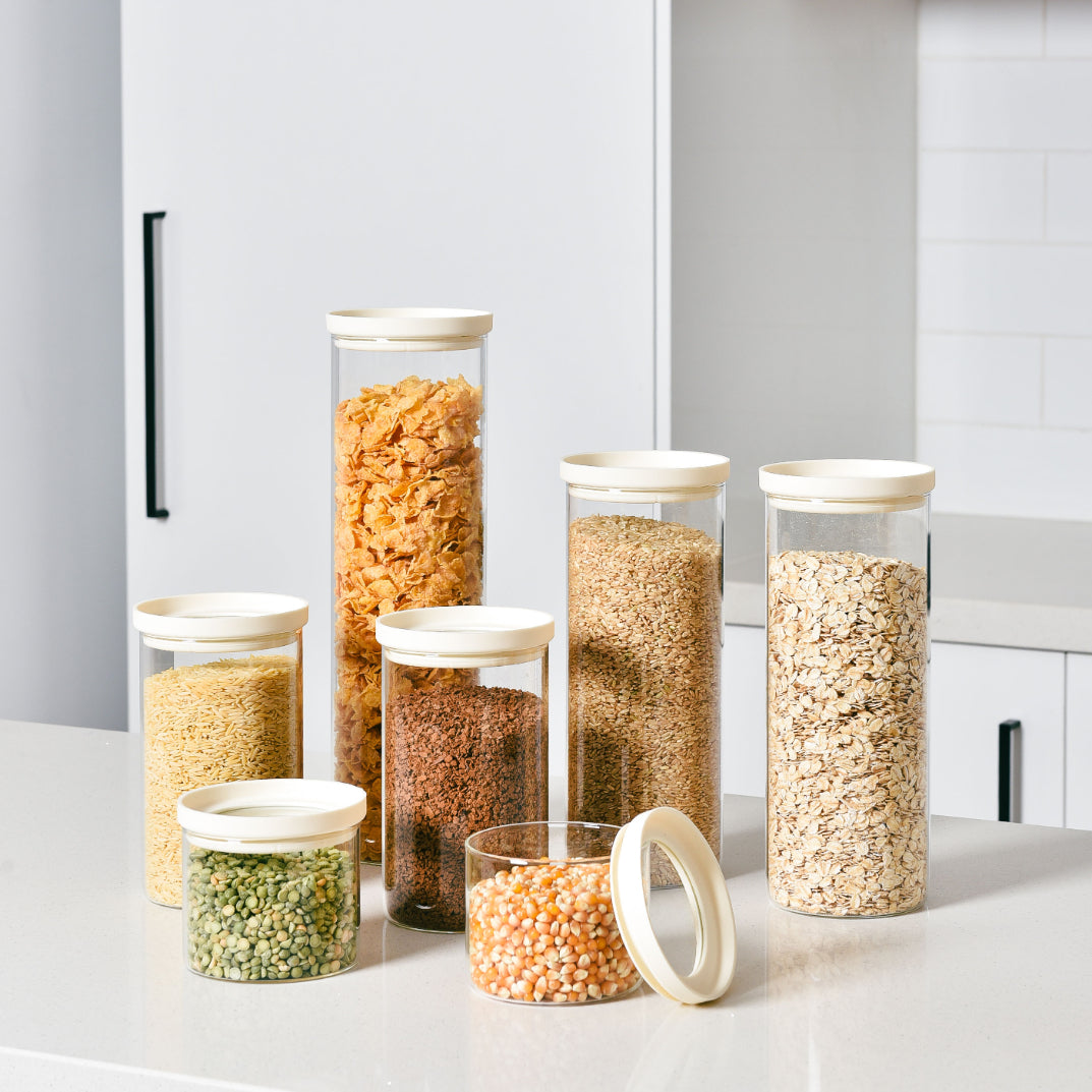 Round Meal Prep / Glass Pantry Jar / Chopping Board Bundle - Grey / Cream