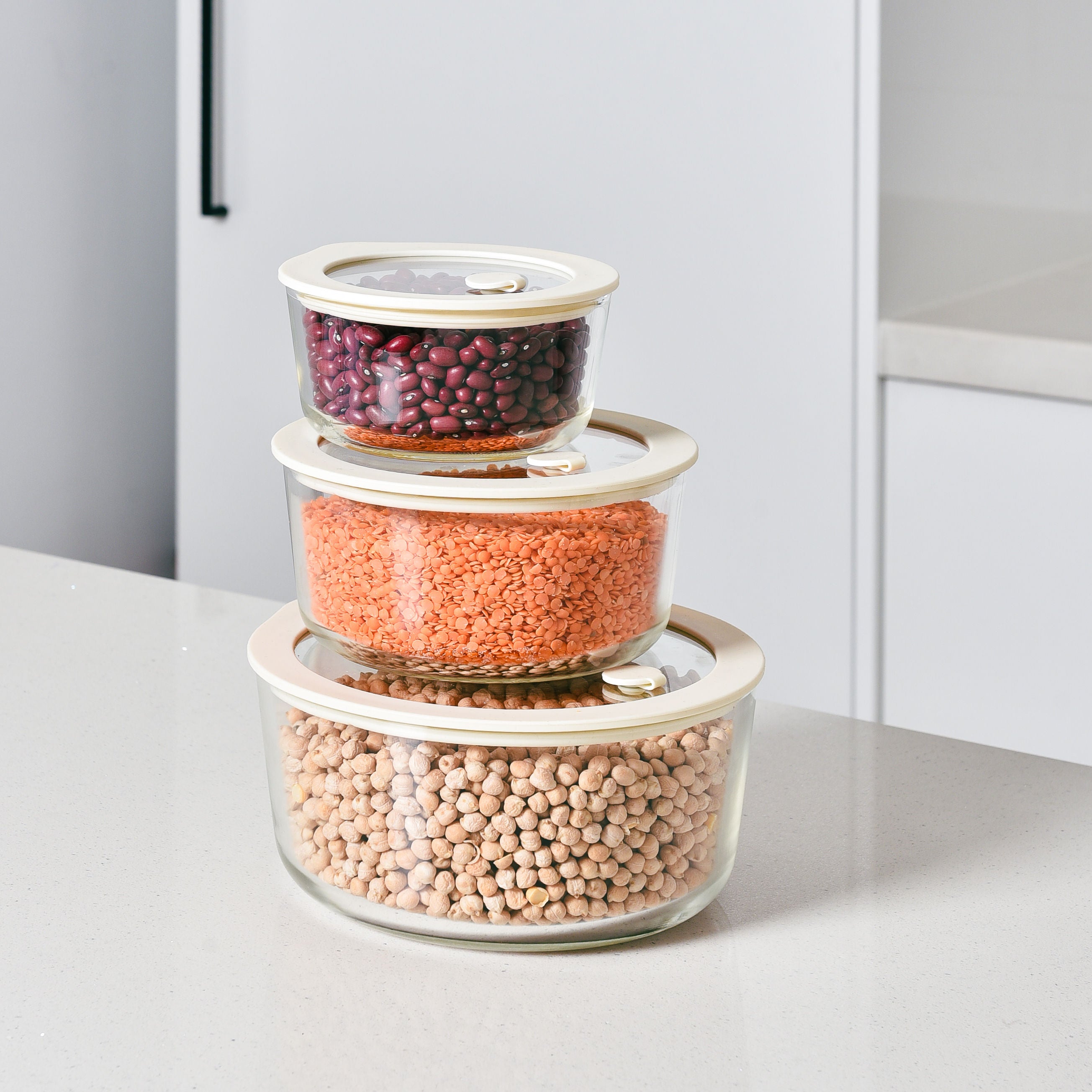 Glass Food Storage Containers Cream - 8 Set - Round