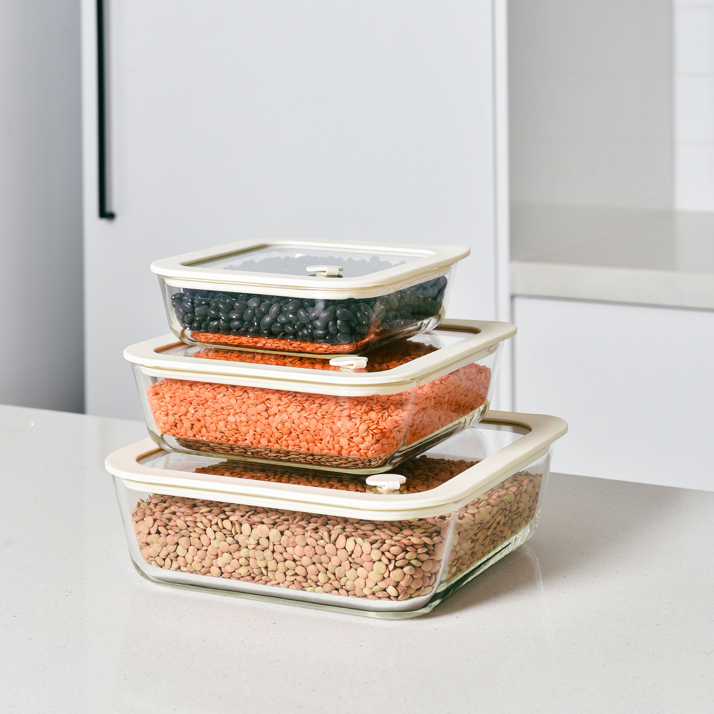 Glass Food Storage Containers Cream - 3 Set Square