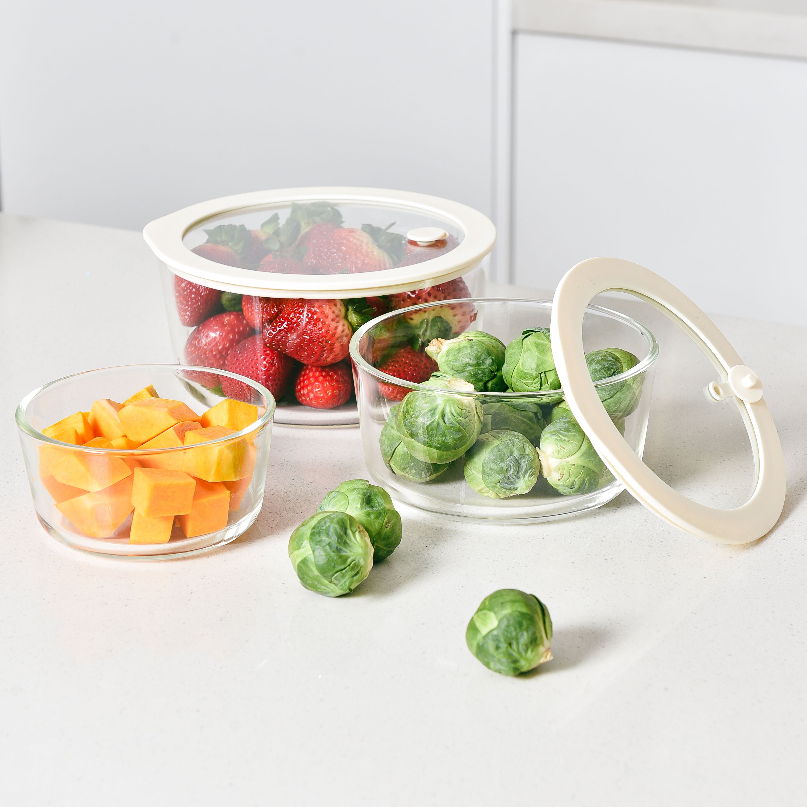 Glass Food Storage Containers Cream - 3 Set Round