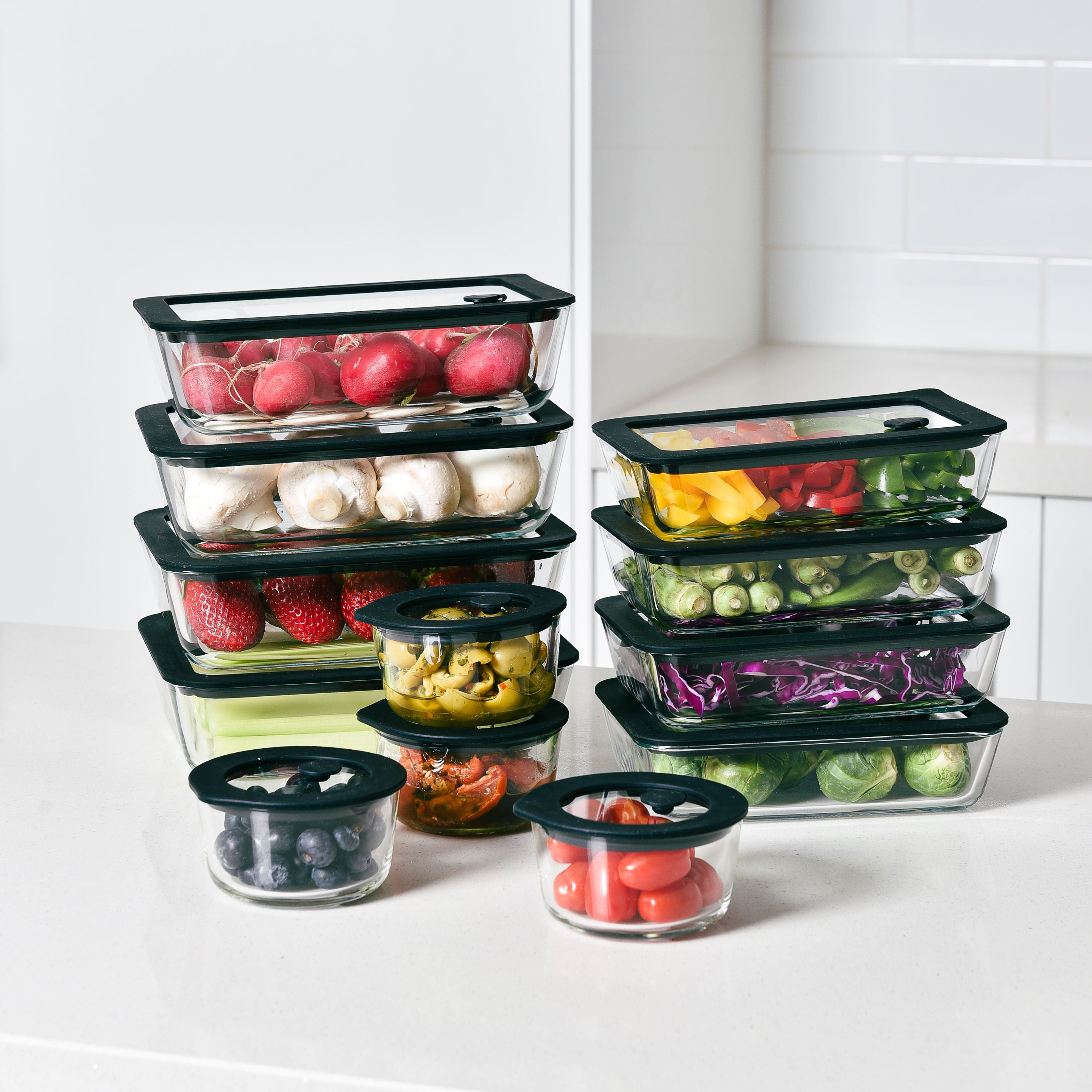 Glass Food Storage Containers Black - 12 Set Rectangle / Round - Meal Prep