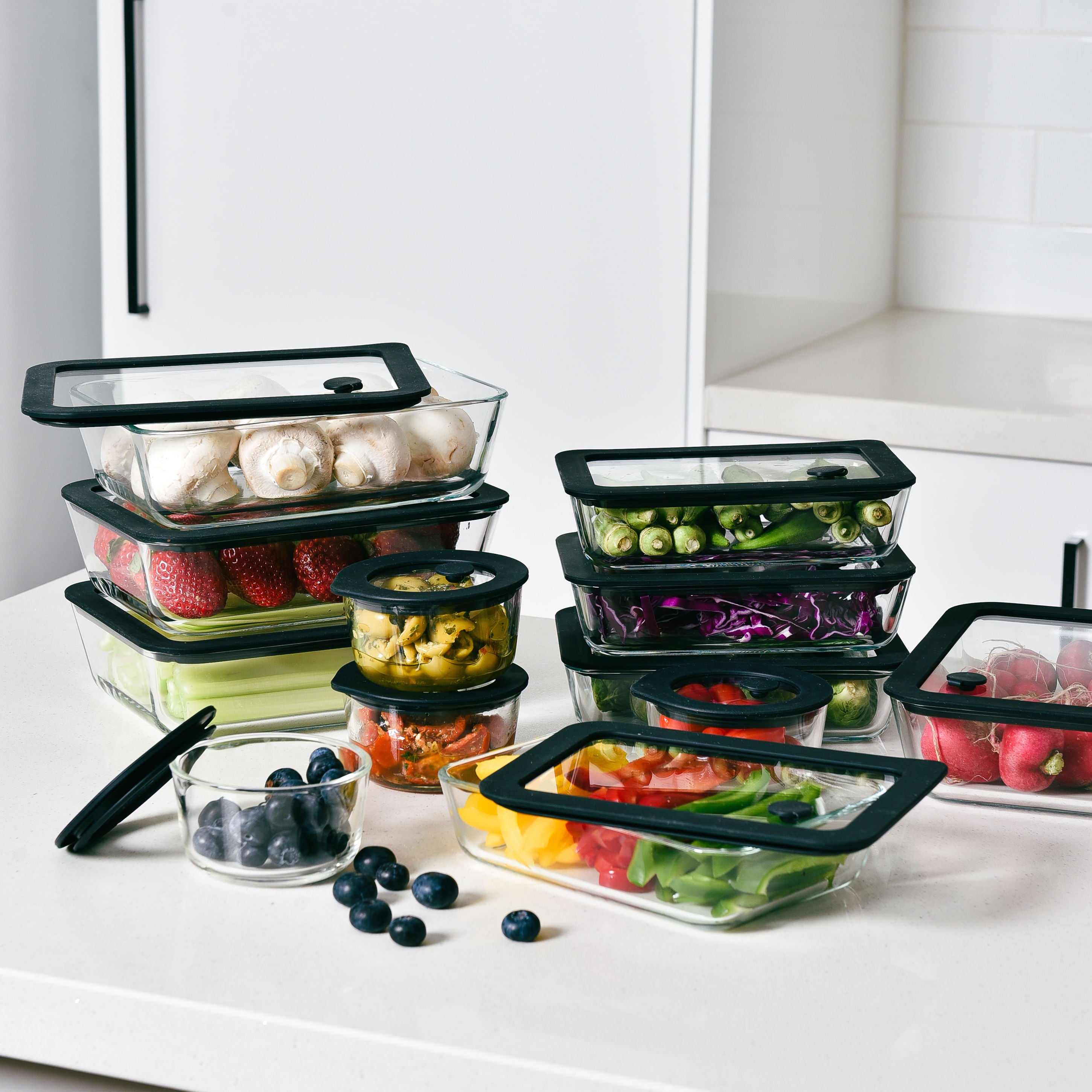 Glass Food Storage Containers Black - 12 Set Rectangle / Round - Meal Prep