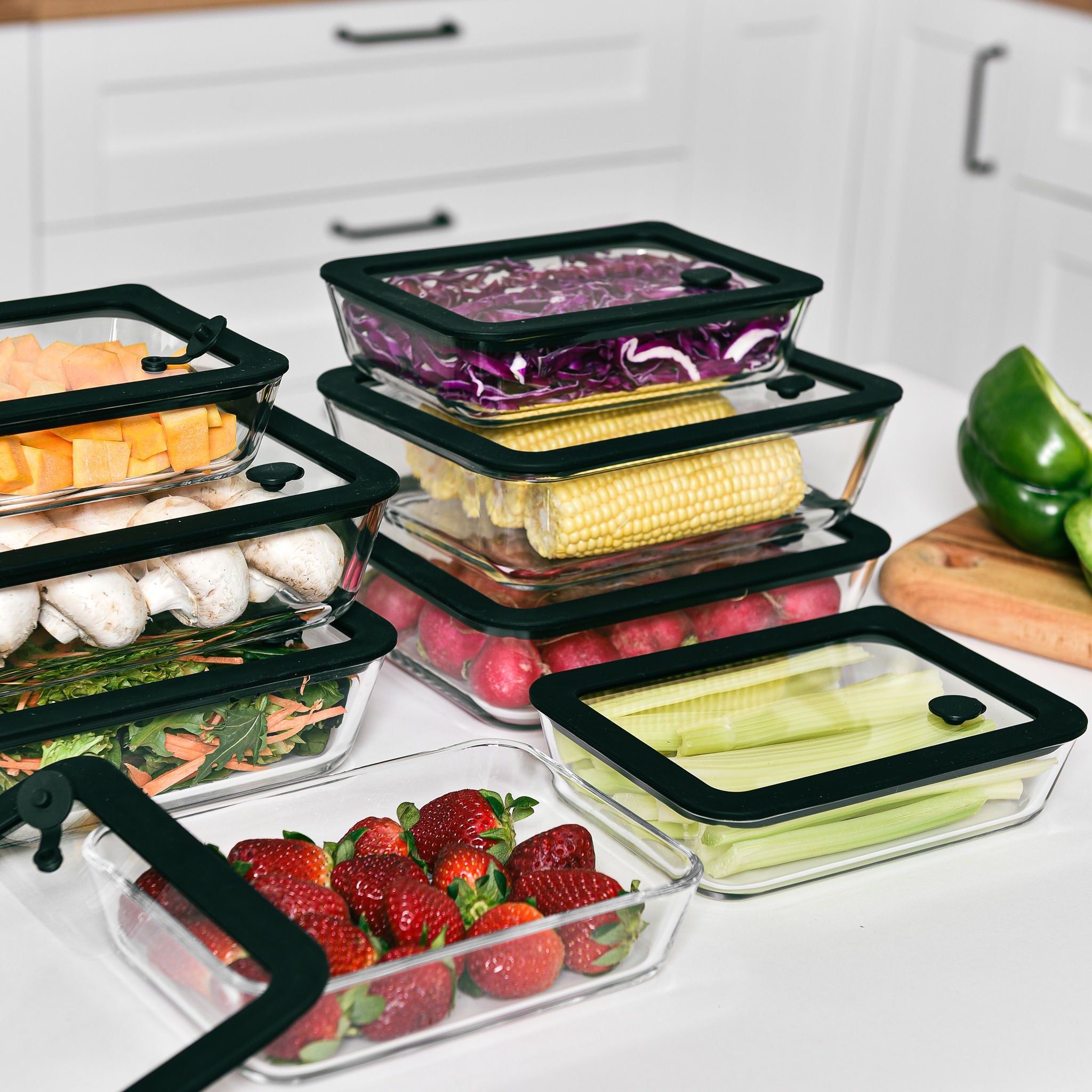 Meal Prep Glass Food Container - 8 Set Rectangle - Black