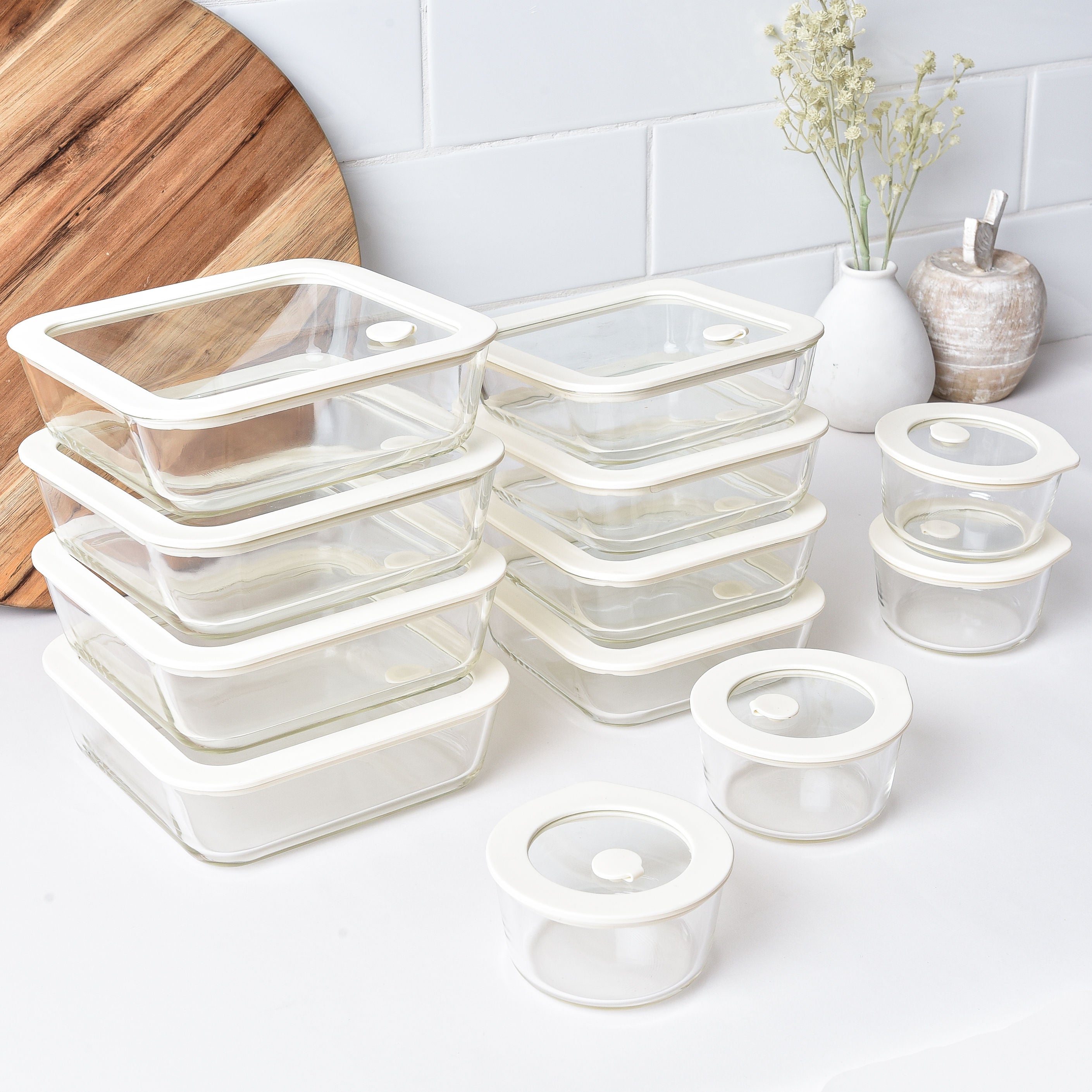 Meal Prep Glass Food Storage Containers - 12 Set Cream - Square / Round