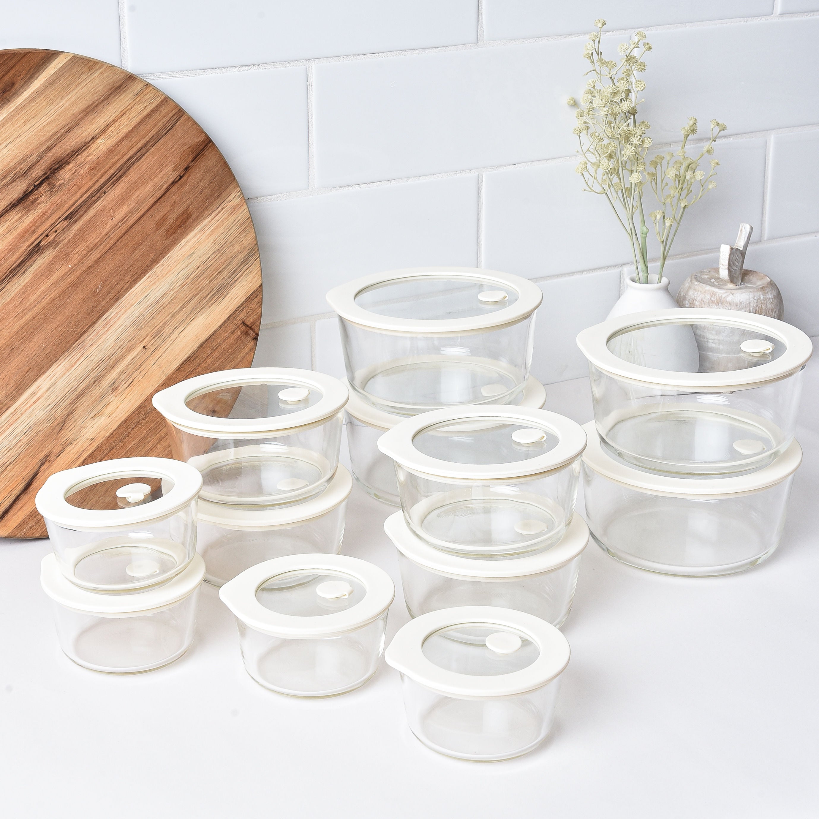 Meal Prep Glass Food Storage Containers - Round 12 Set - Cream