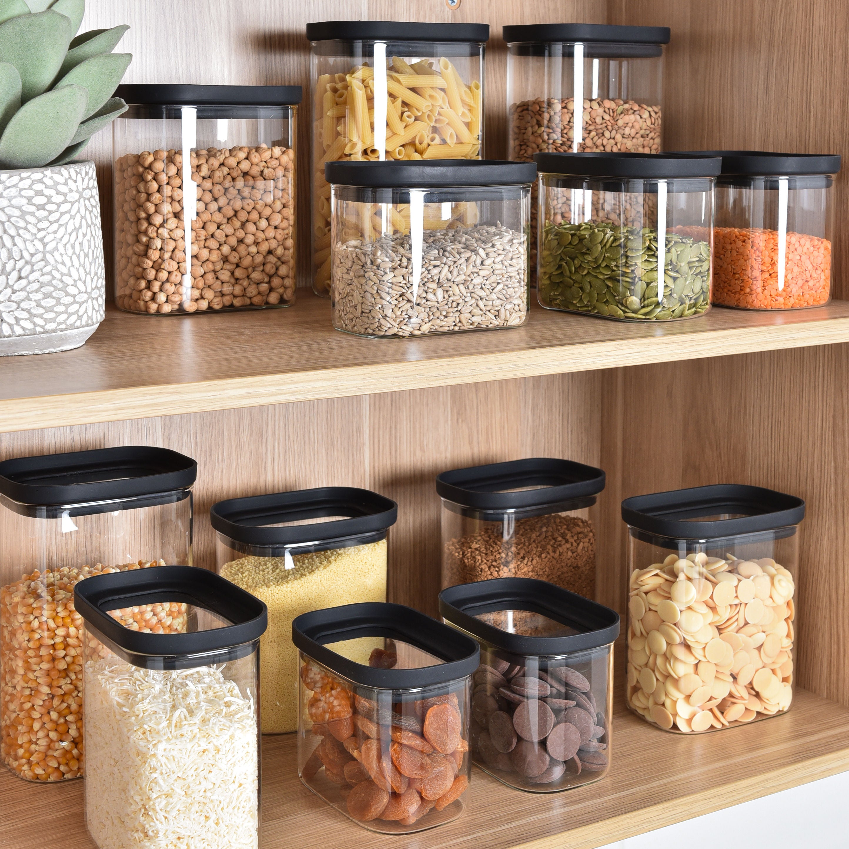 Rectangle Glass Pantry Storage Jars 1.3L - Black - 2 Set