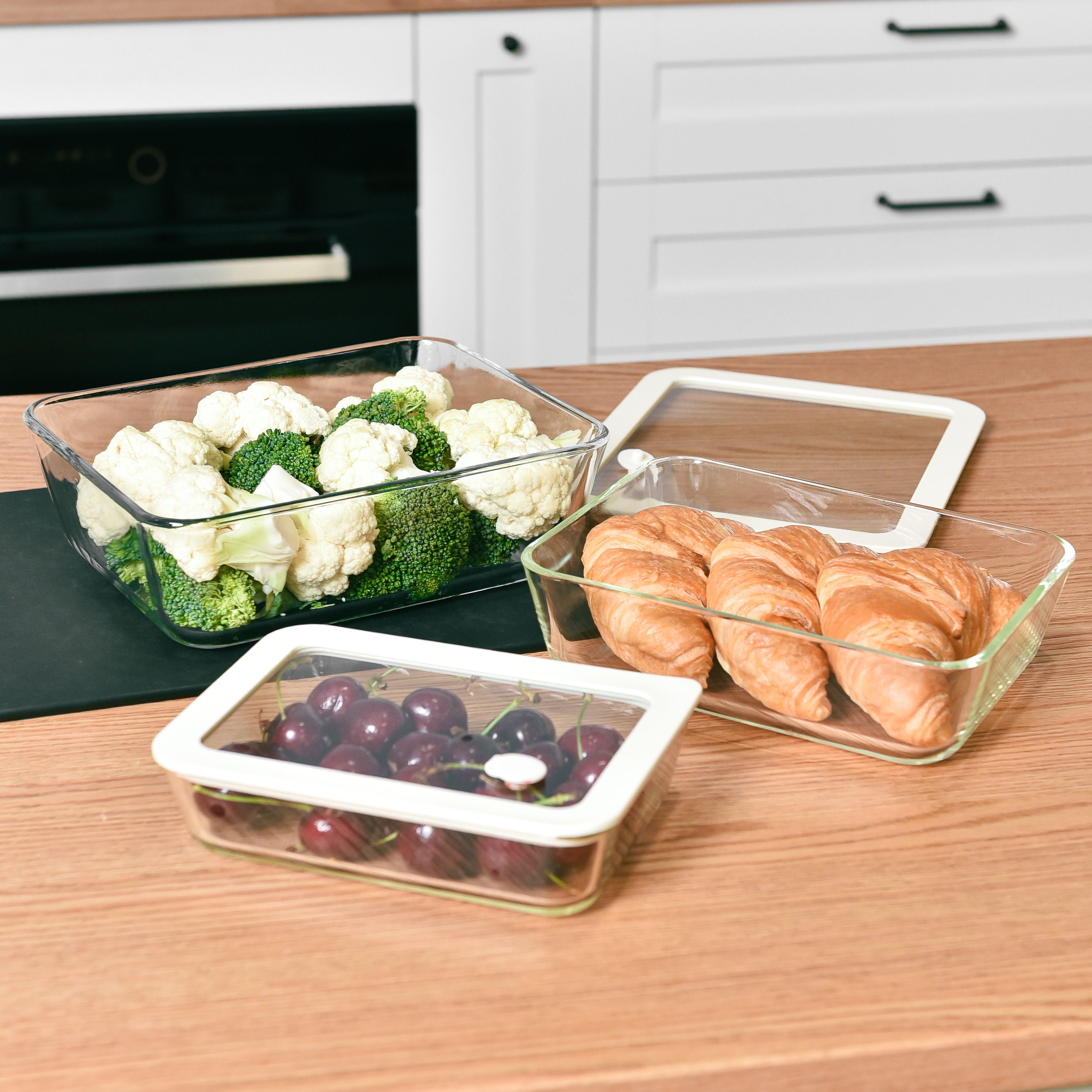 Glass Food Storage Containers - 3 Set Rectangle - Cream