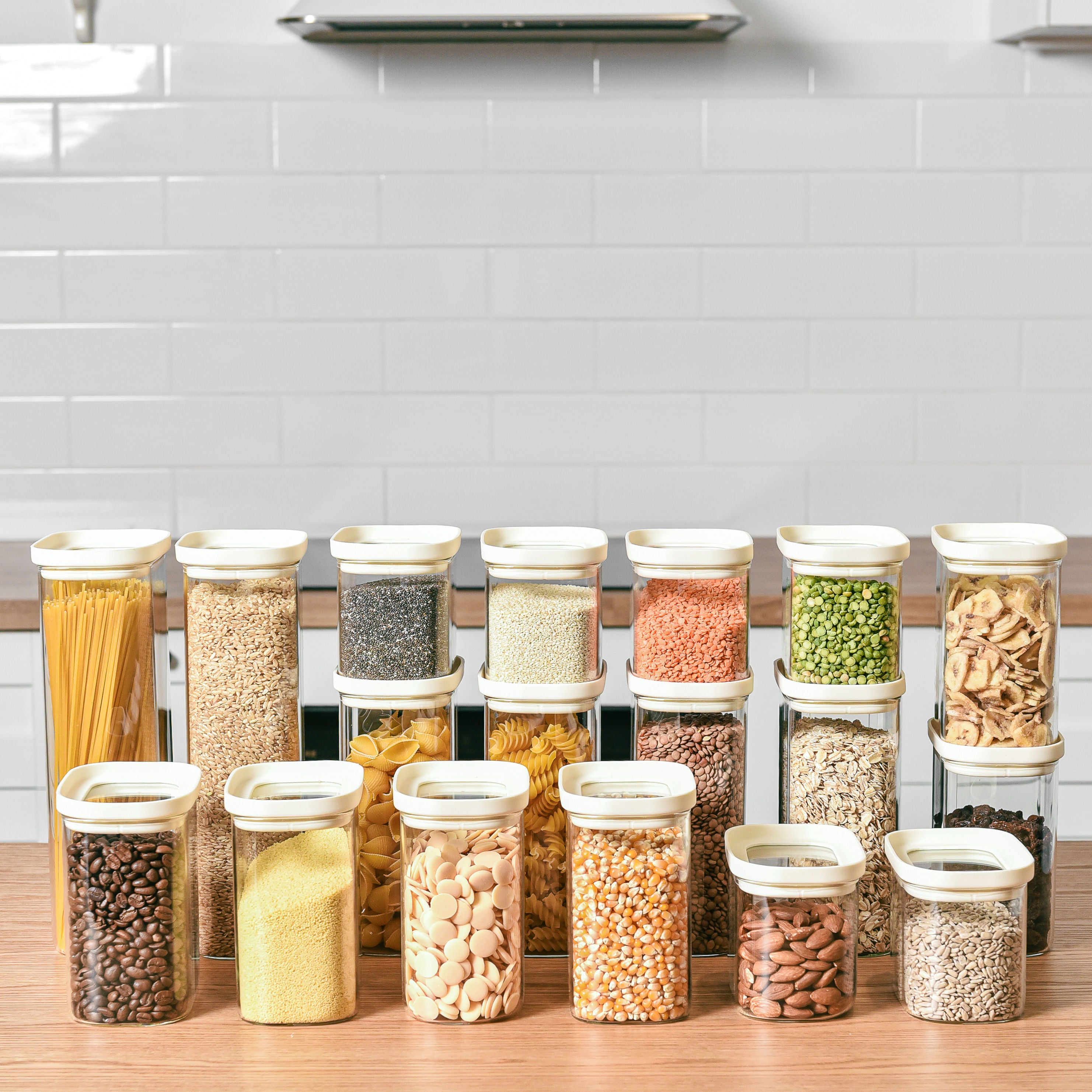Rectangle Glass Pantry Storage Jars - Cream - 18 Set