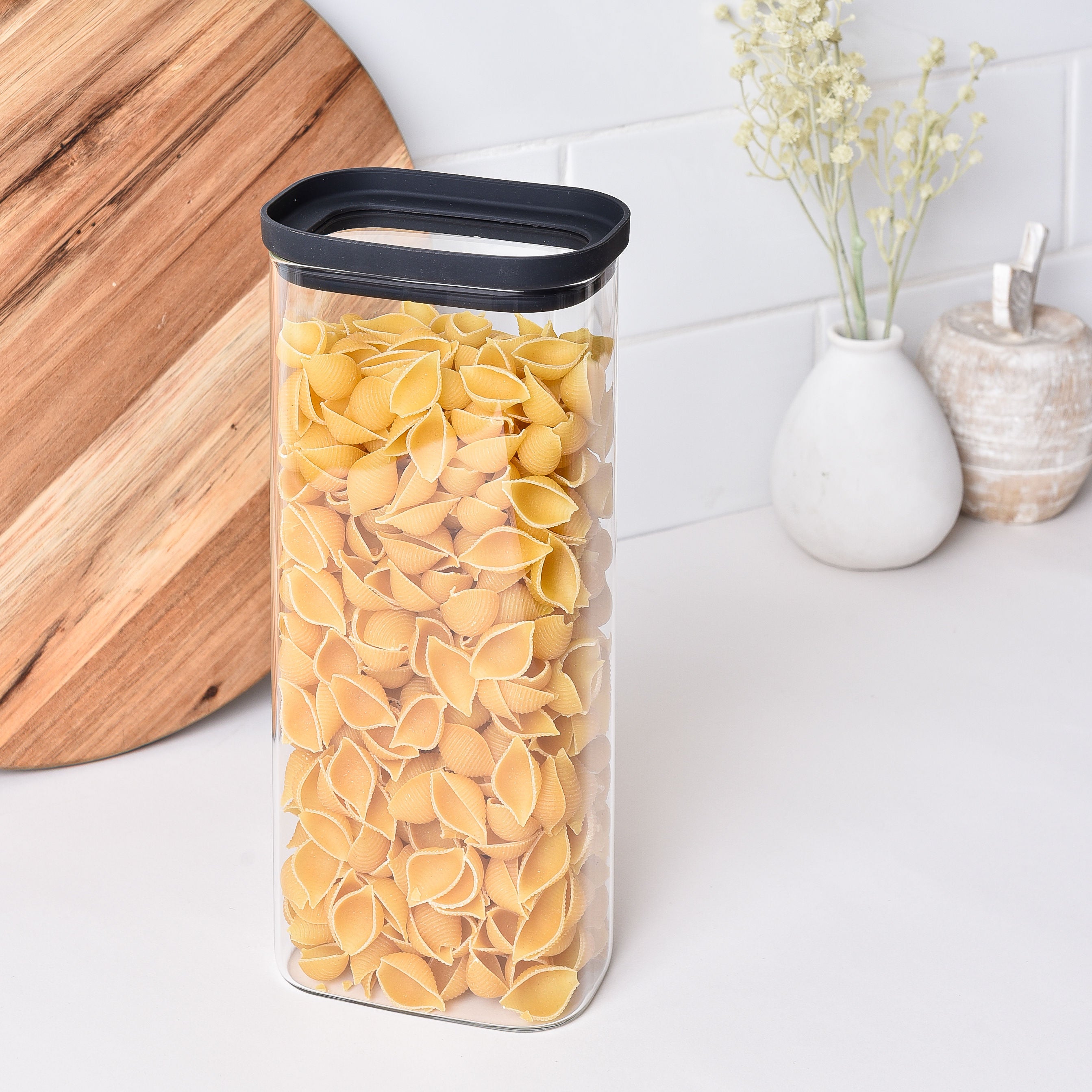 Rectangle Glass Pantry Storage Jars - Black - 7 Set