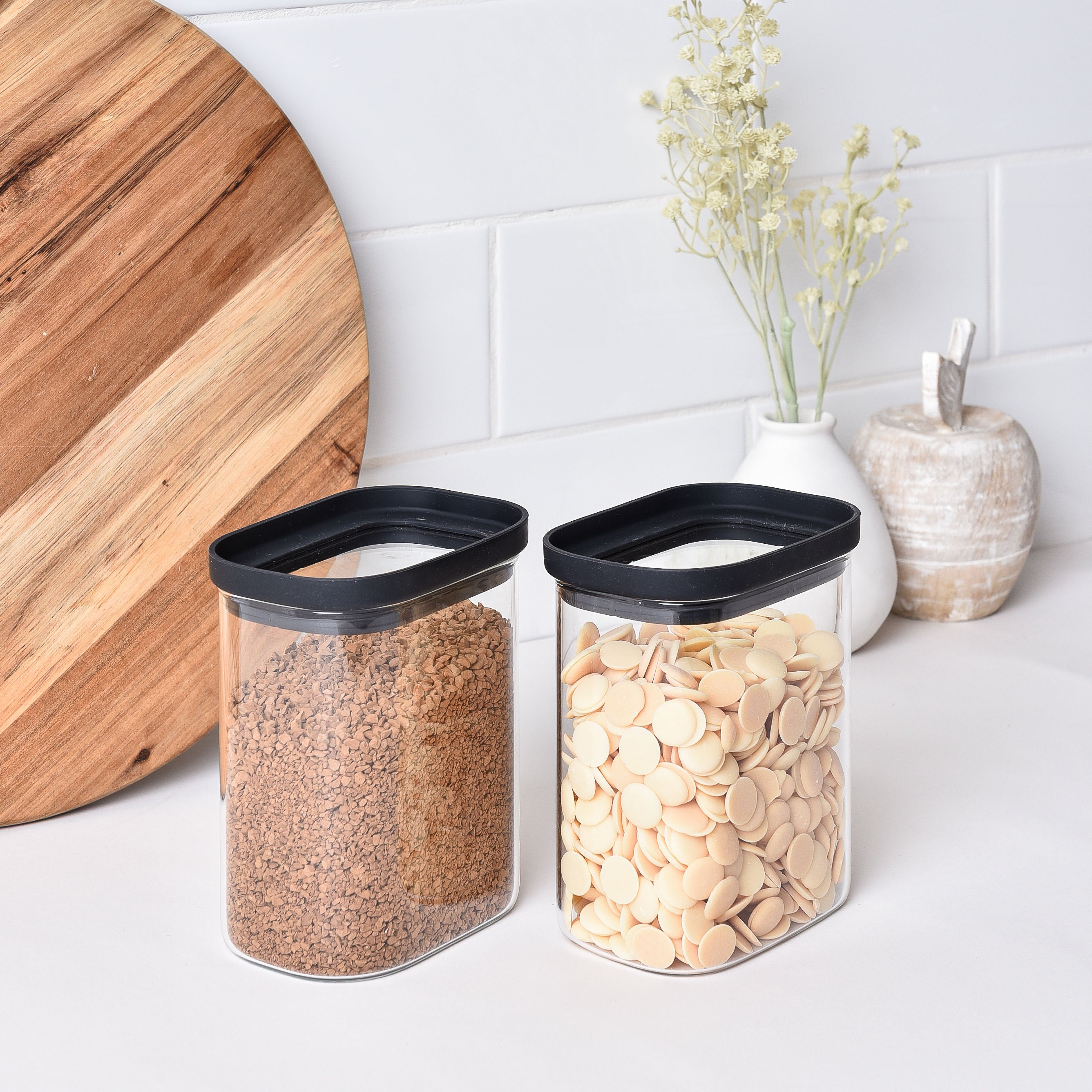 Rectangle Glass Pantry Storage Jars 1L - Black - 2 Set