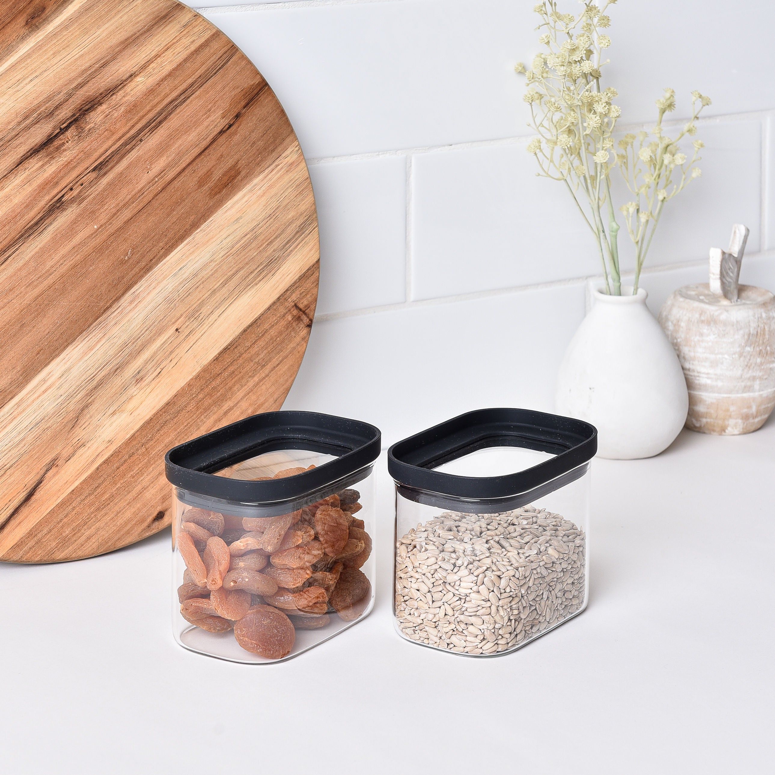 Rectangle Glass Pantry Storage Jars - Black - 7 Set