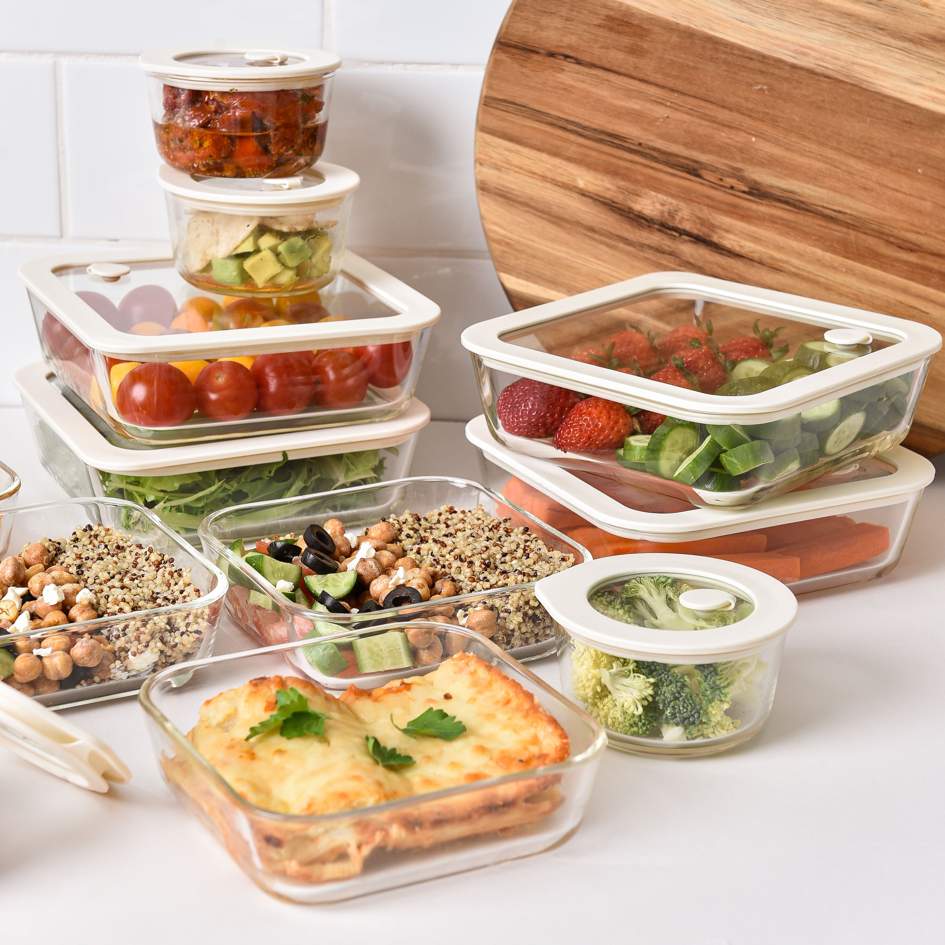 Meal Prep Glass Food Storage Containers - 12 Set Cream - Square / Round