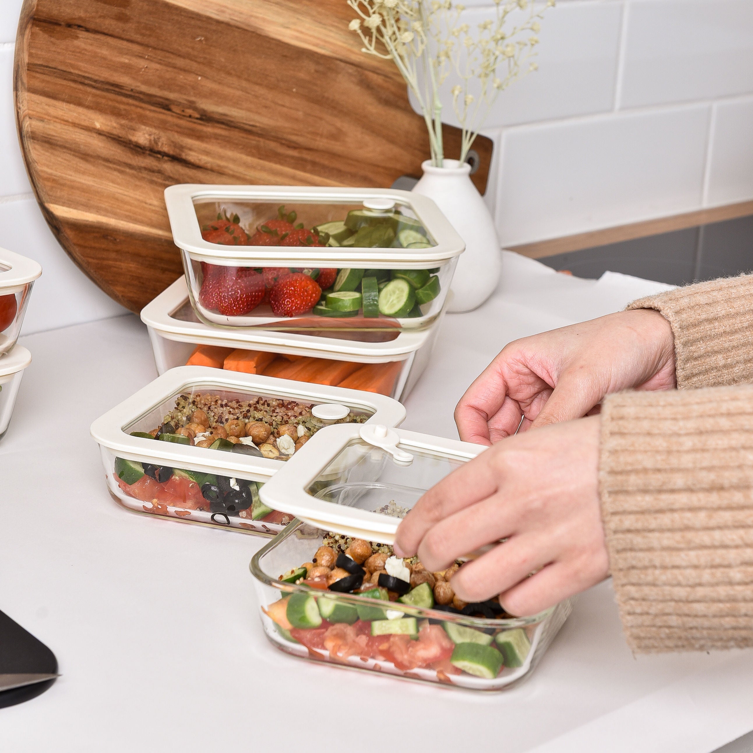 Glass Food Storage Containers 610ml - Cream - 2 Set Square