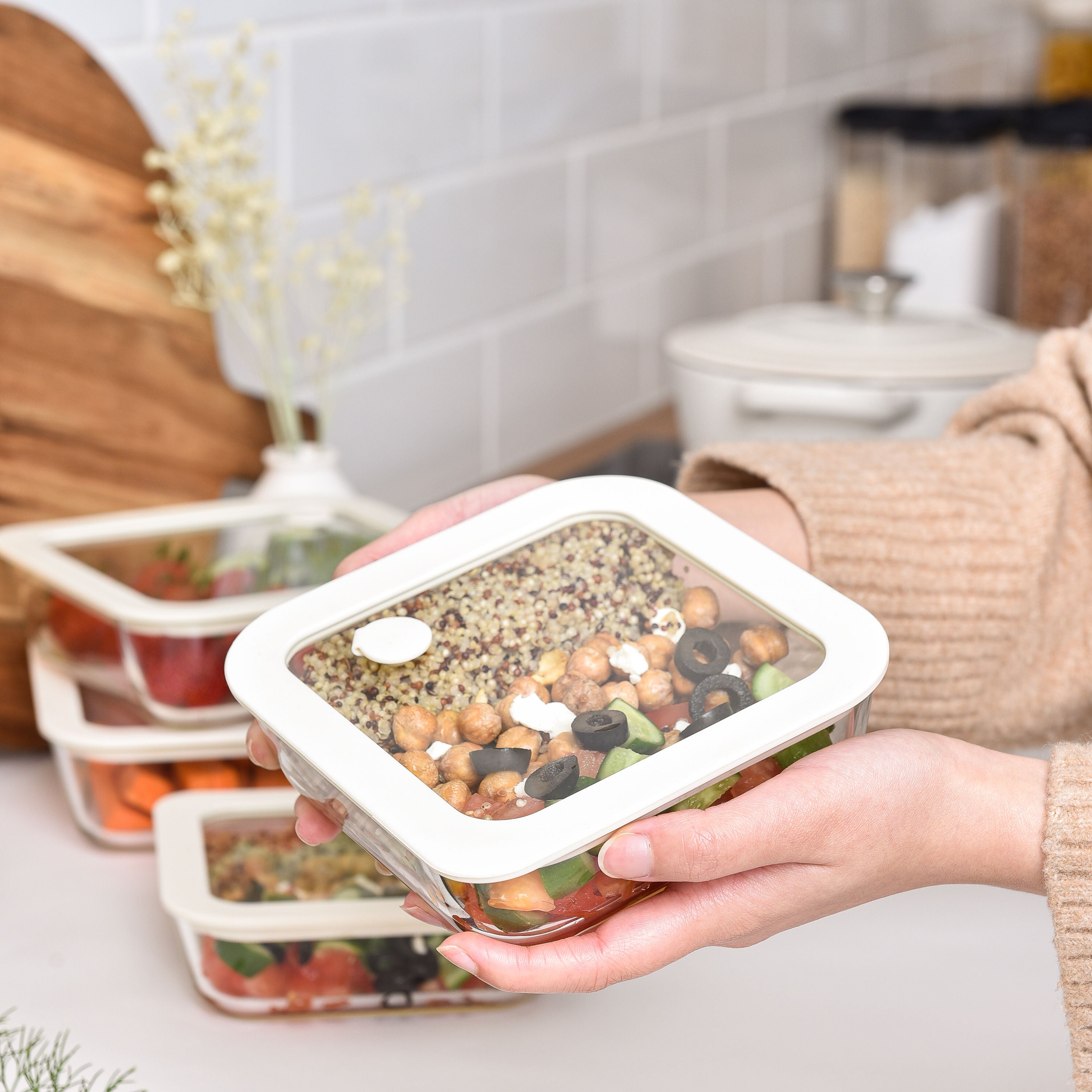 Meal Prep Glass Food Storage Containers - 12 Set Cream - Square / Round