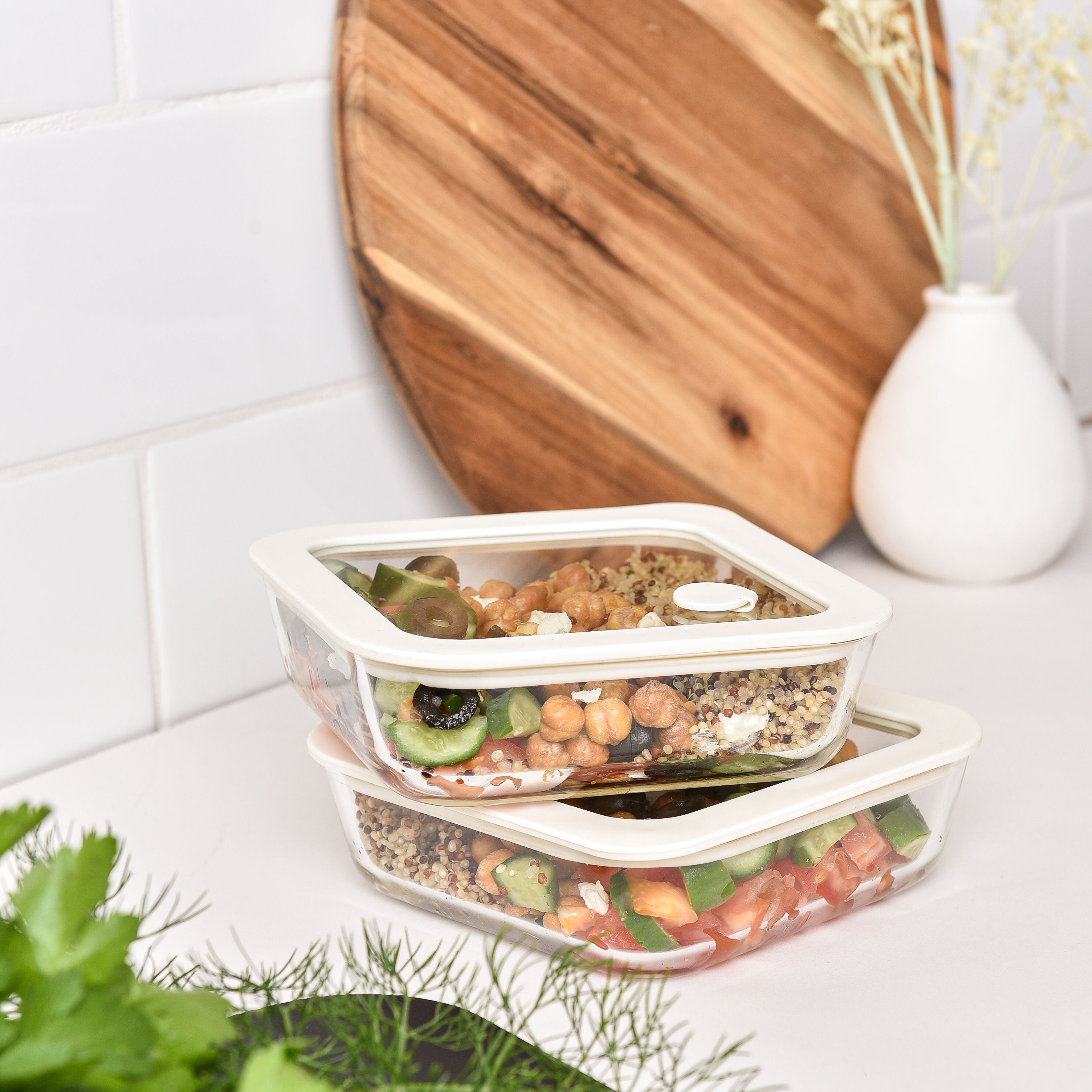 Glass Food Storage Containers 610ml - Cream - 2 Set Square