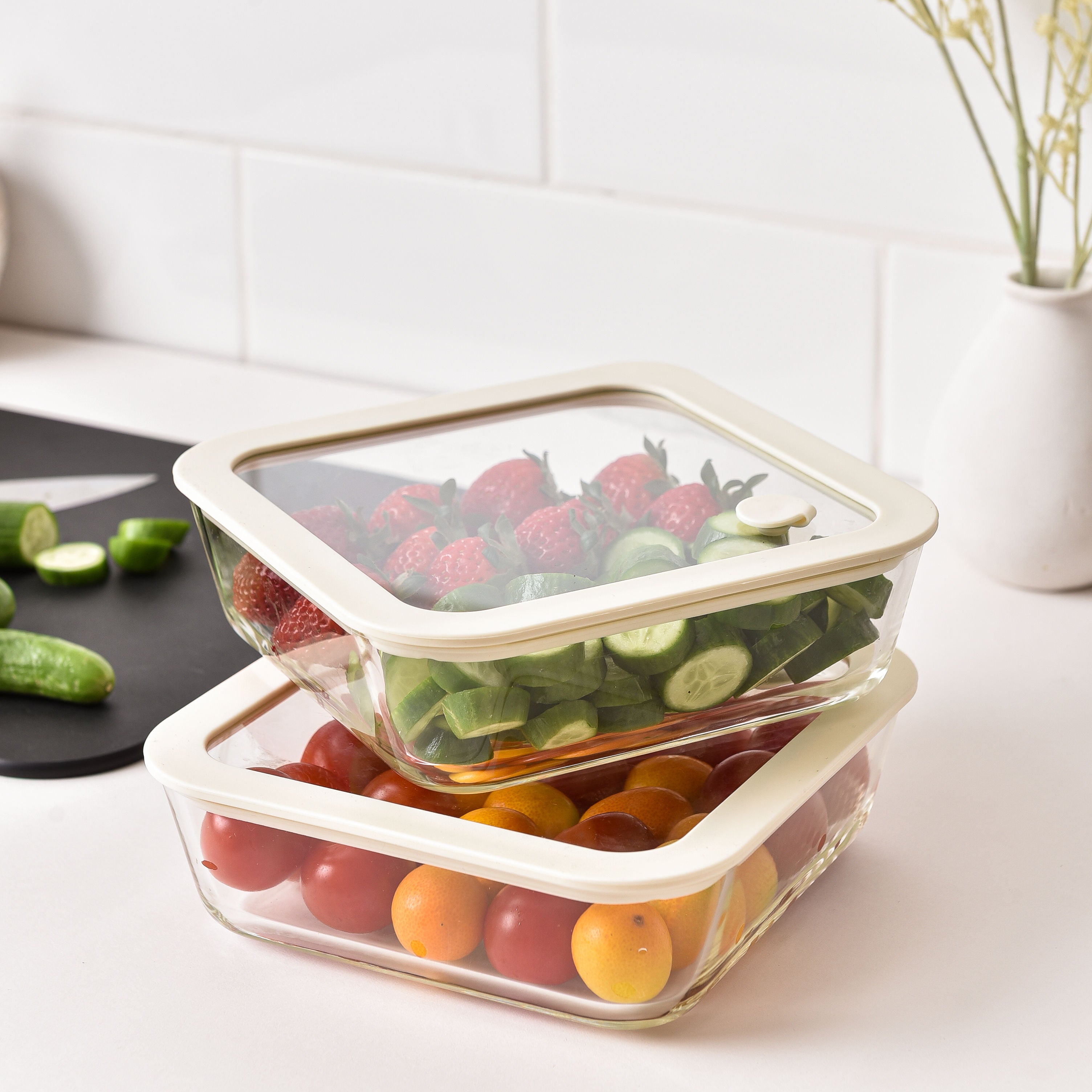 Glass Food Storage Containers - Cream - 1170ml 6 Set Square