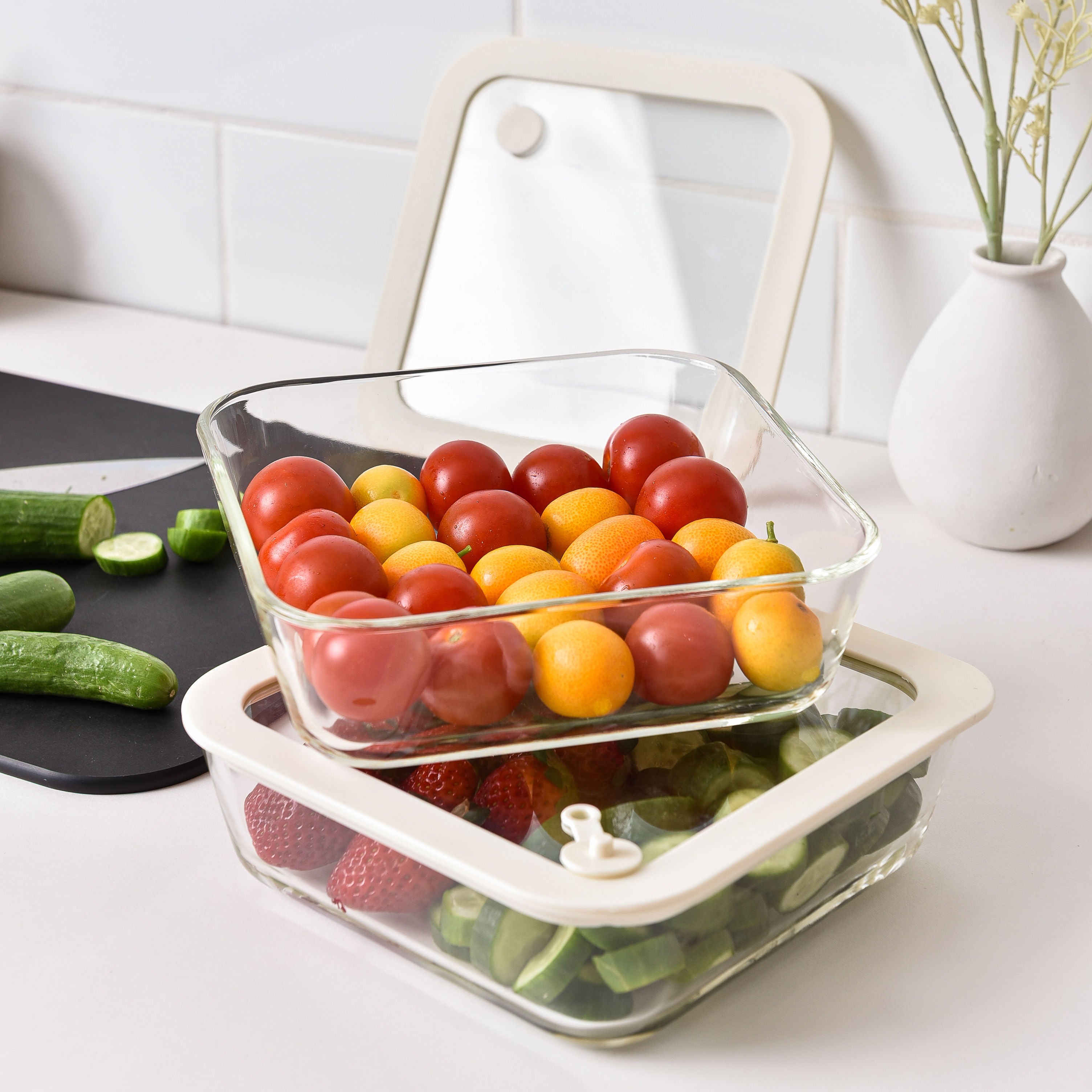 Glass Food Storage Containers 1170ml - Cream - 2 Set Square