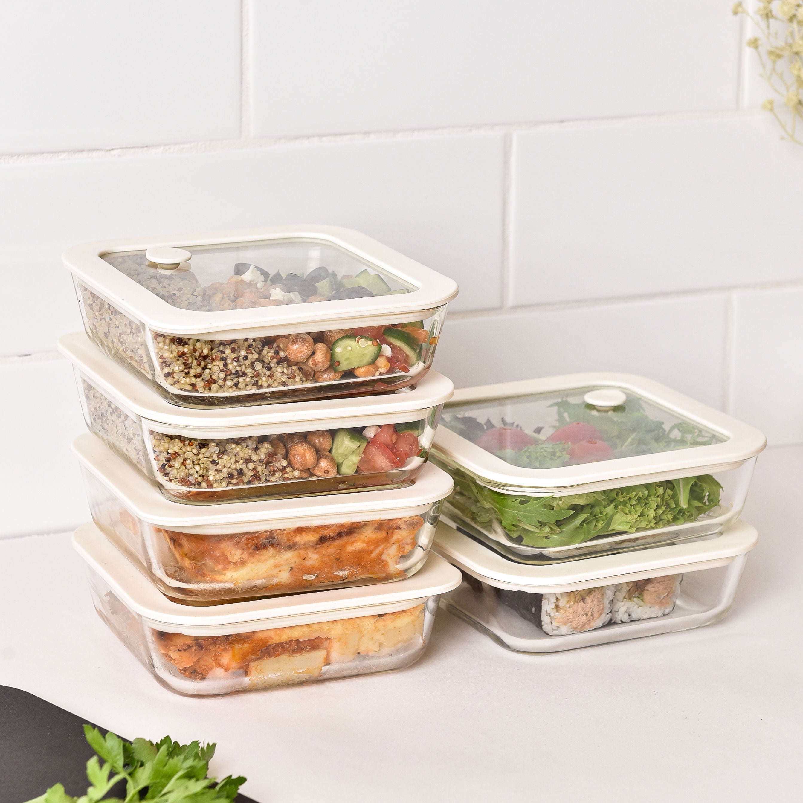 Glass Food Storage Containers - Cream - 610ml 6 Set Square