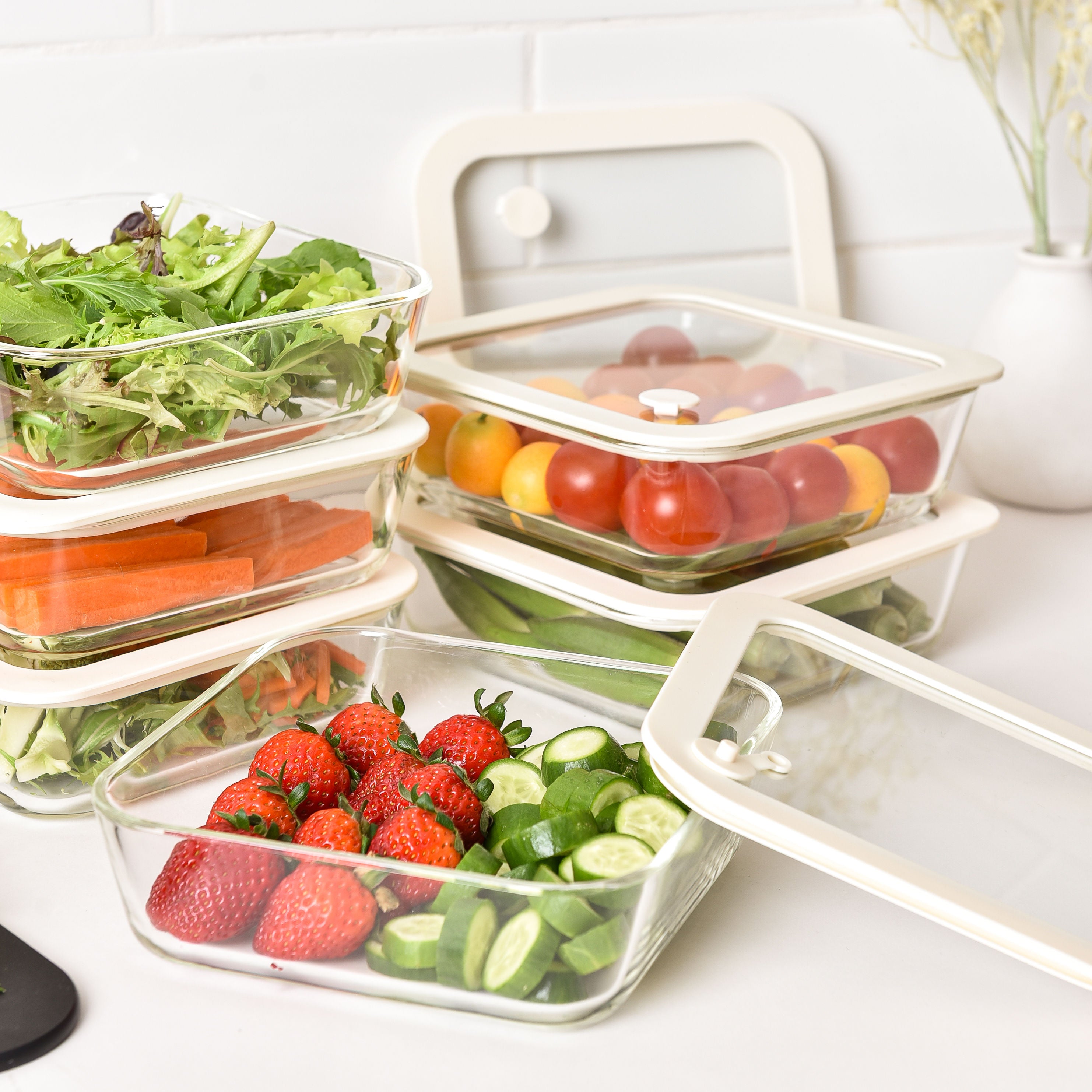 Glass Food Storage Containers - Cream - 1170ml 6 Set Square