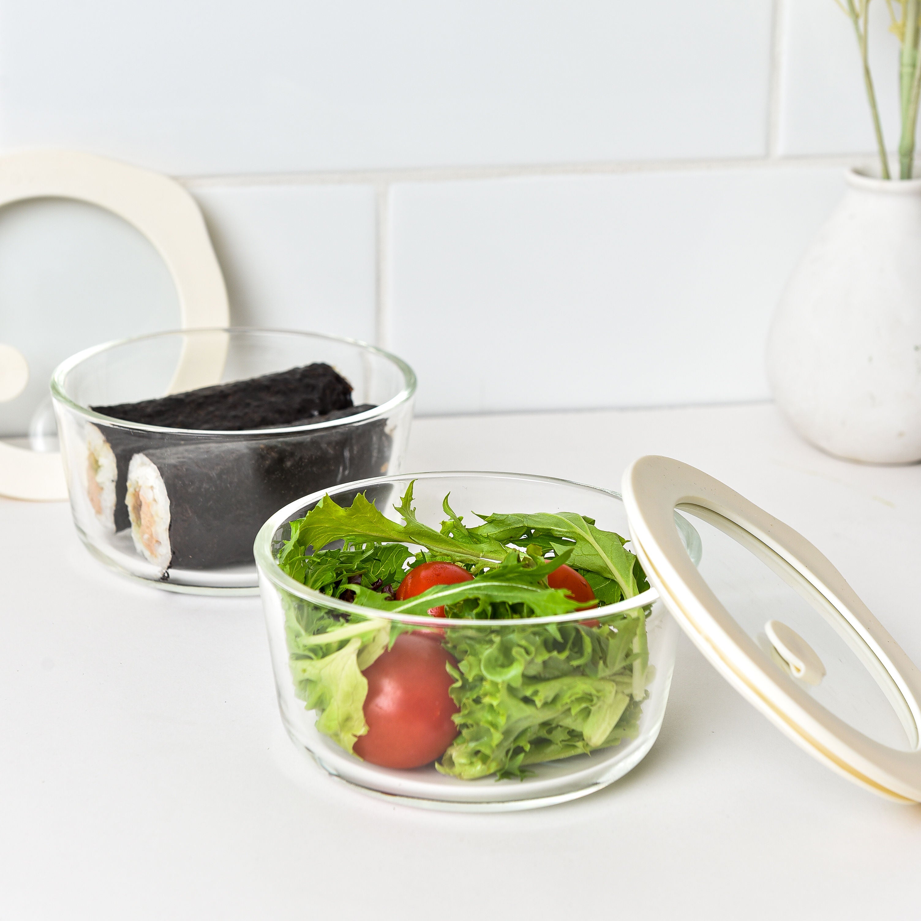 Glass Food Storage Containers 472ml - Cream - 2 Set Round