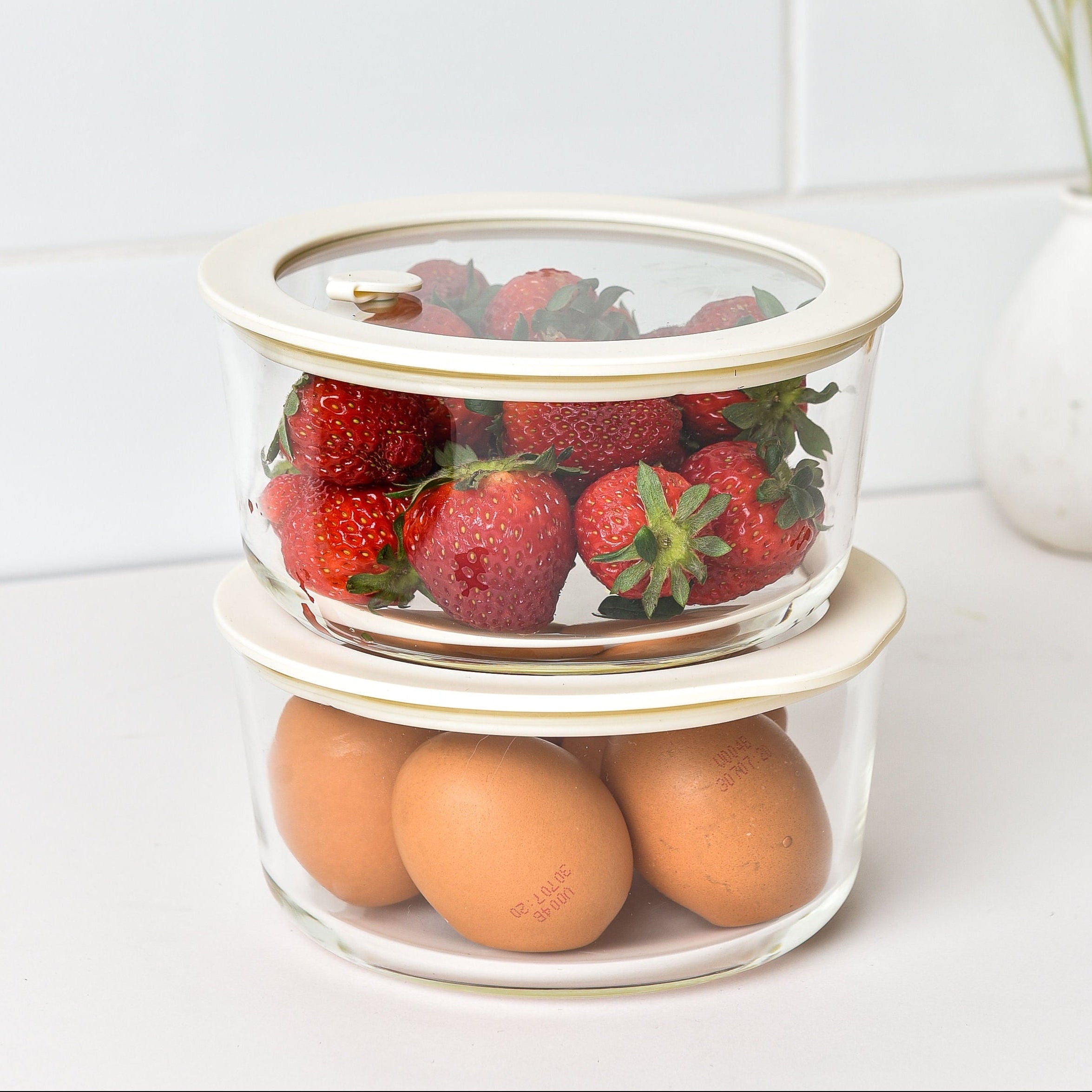Glass Food Storage Containers 944ml - Cream - 2 Set Round