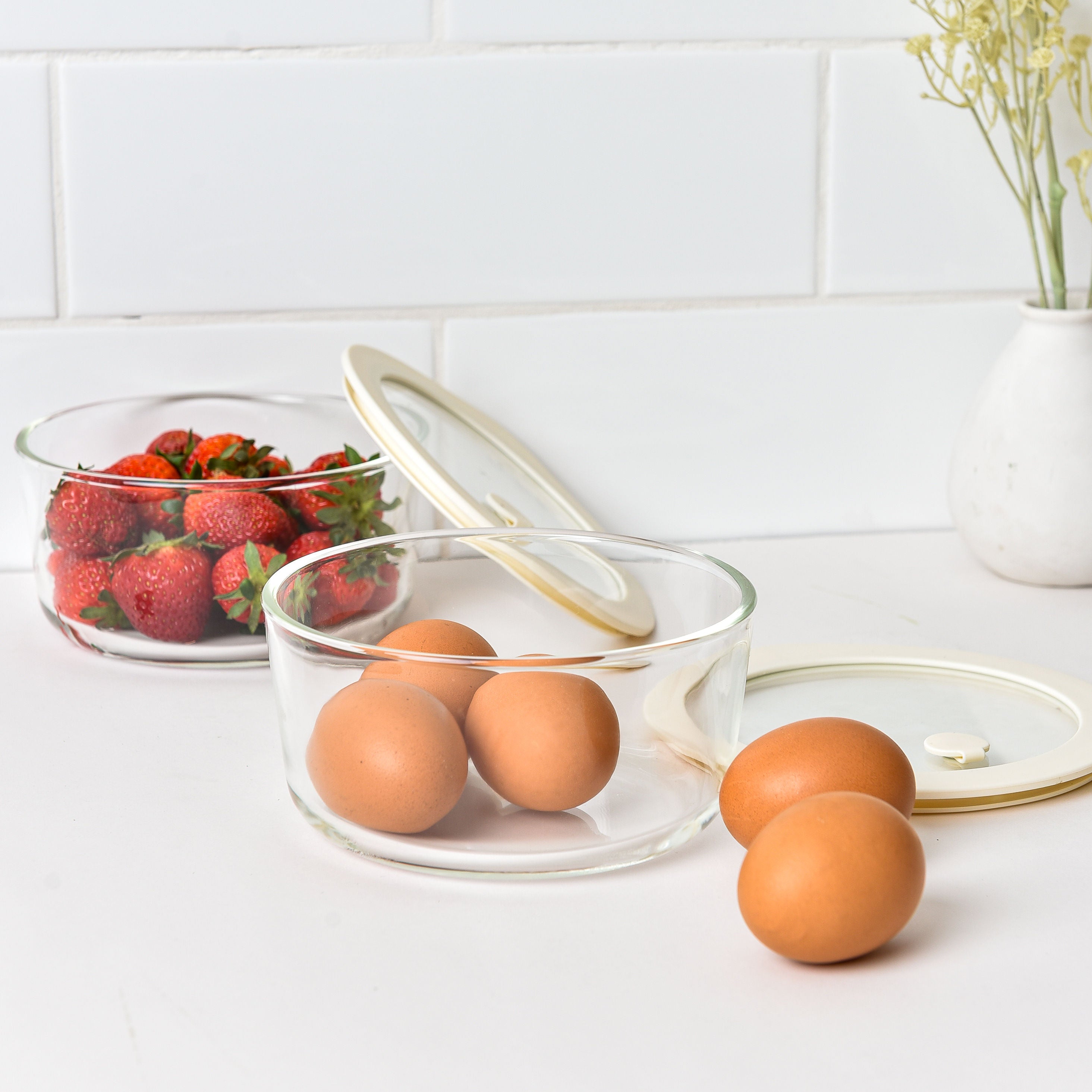 Glass Food Storage Containers 944ml - Cream - 2 Set Round