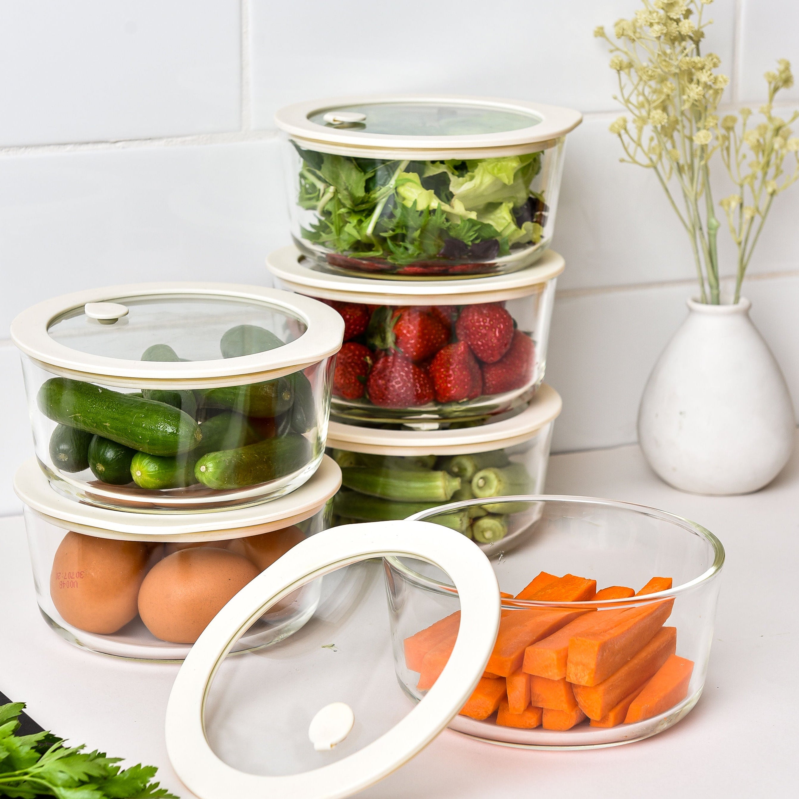 Glass Food Storage Containers - Cream - 944ml 6 Set Round