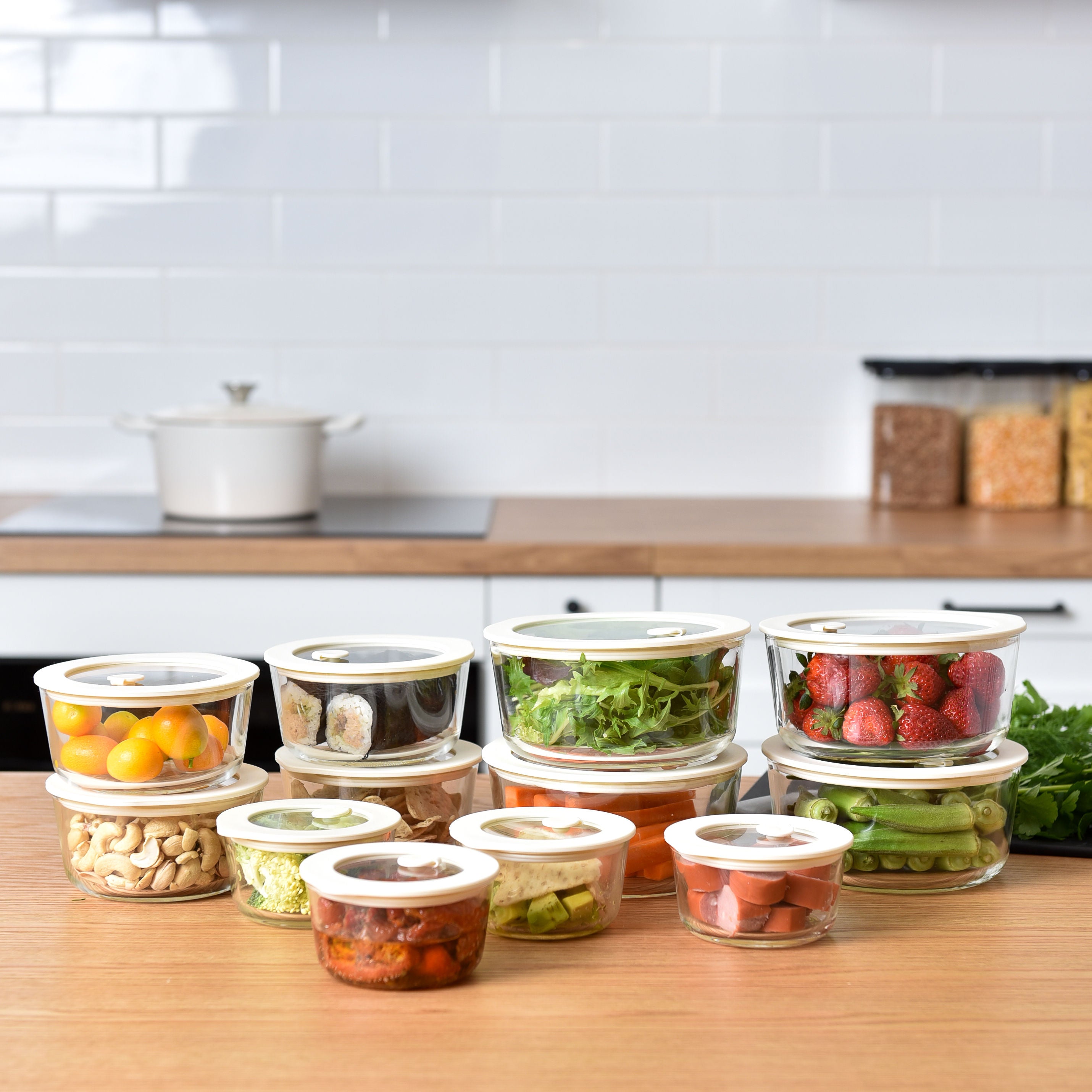 Meal Prep Glass Food Storage Containers - Round 12 Set - Cream