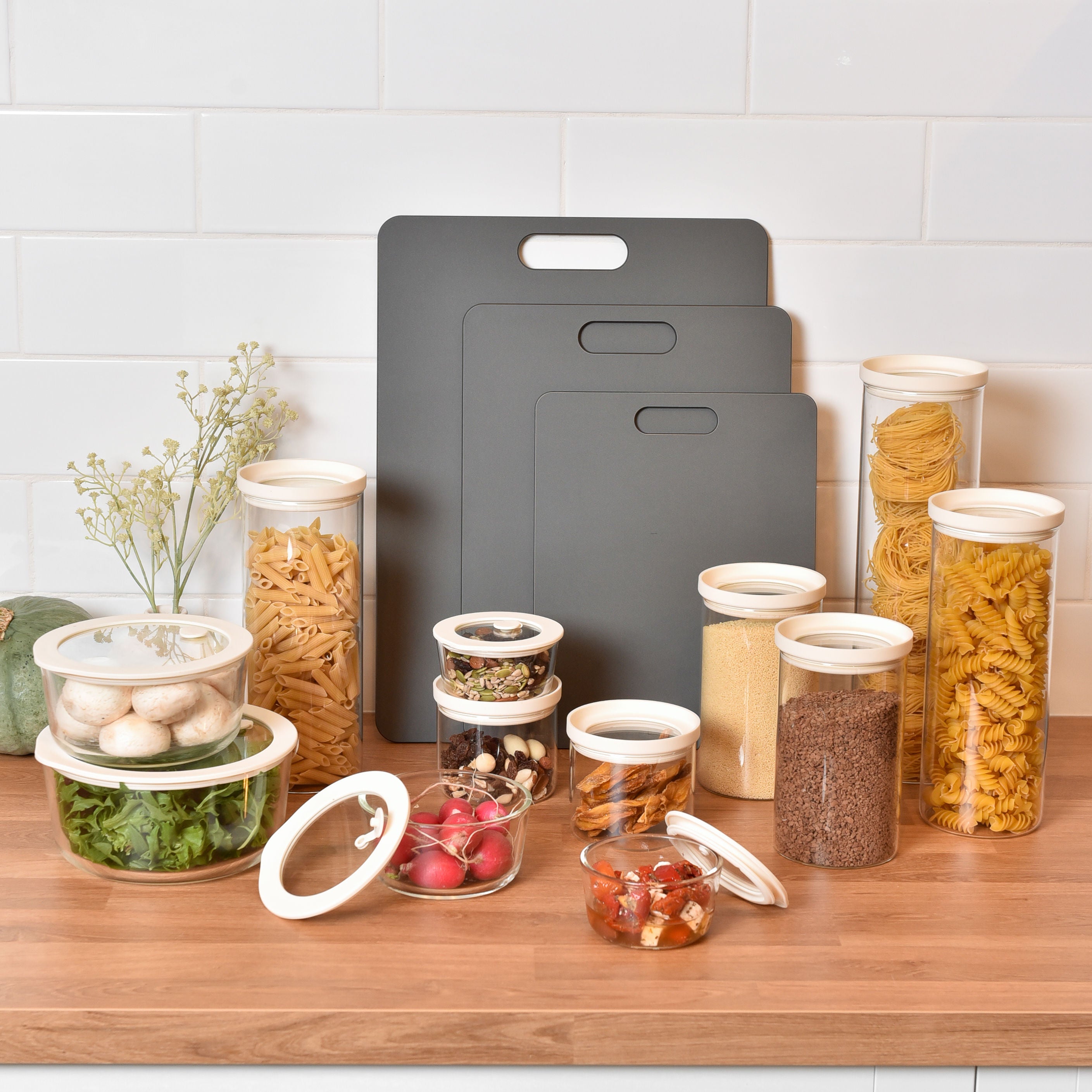 Round Meal Prep / Glass Pantry Jar / Chopping Board Bundle - Grey / Cream