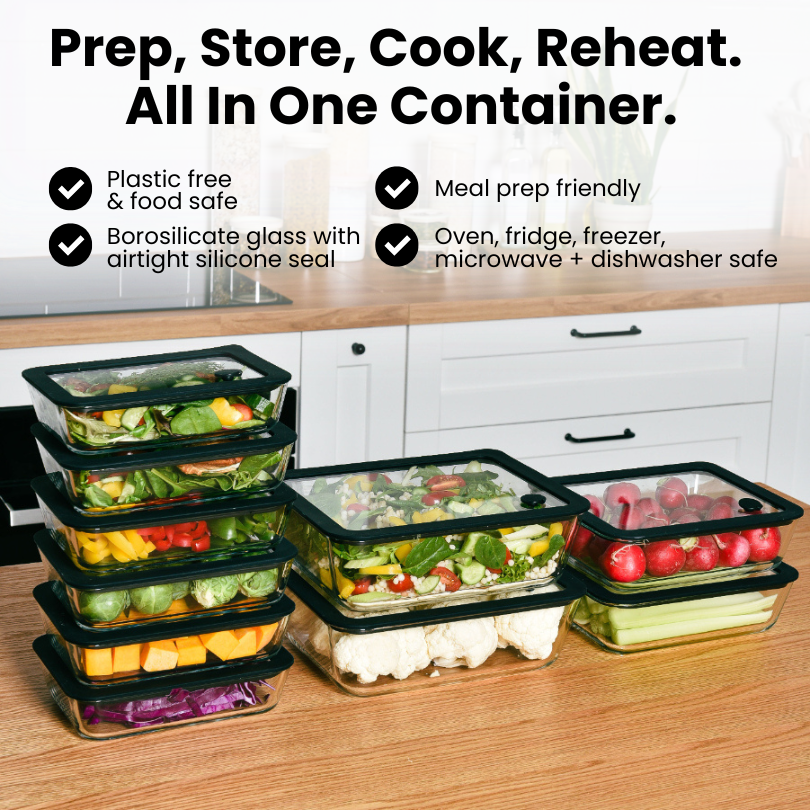 Glass Food Storage Containers - 3 Set Rectangle - Black
