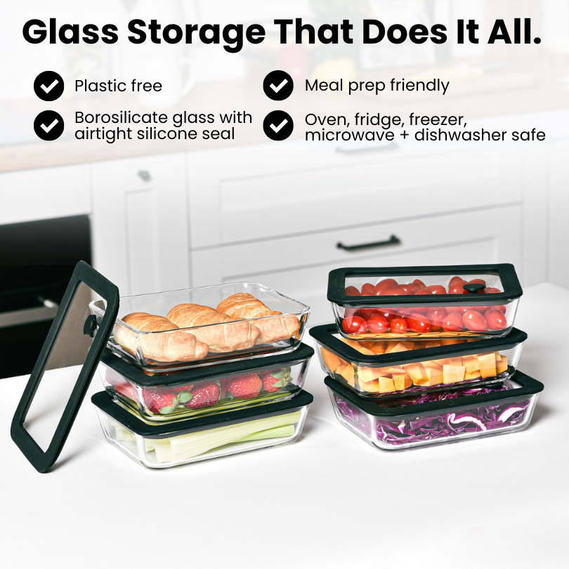Glass Food Storage Container 700ml Rectangle - 6 Set - Black