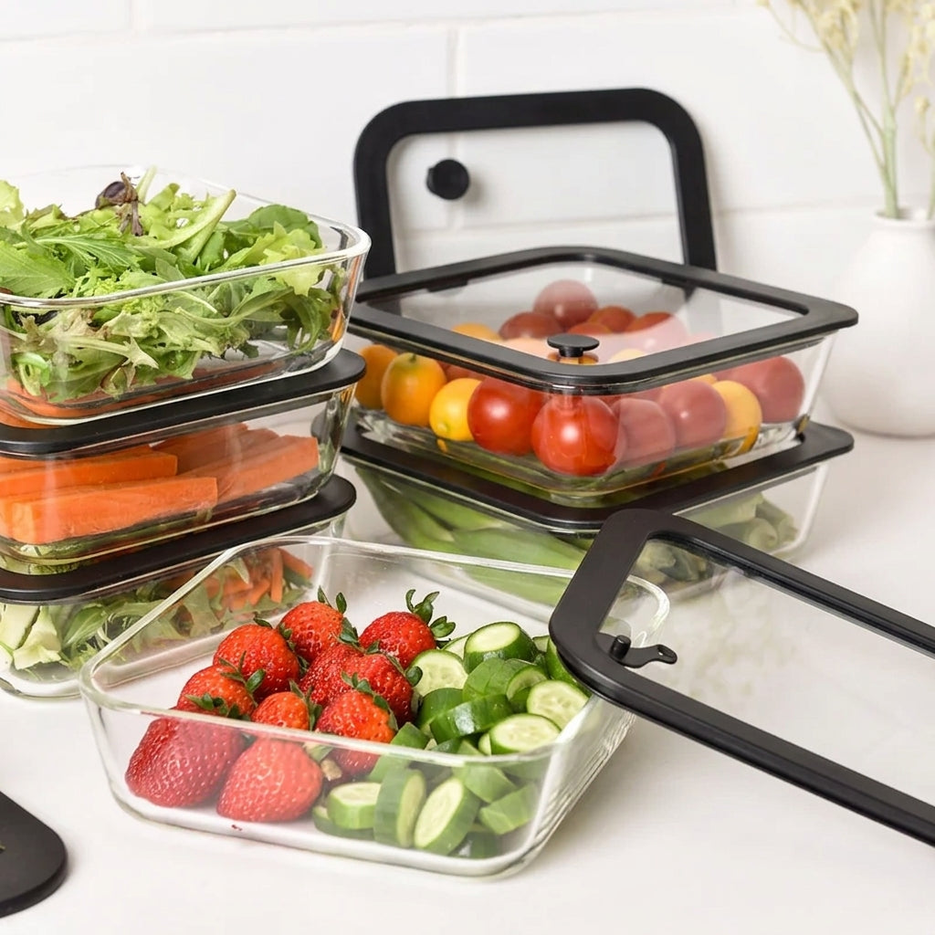 Glass Food Storage Containers - Black - 1170ml 6 Set Square