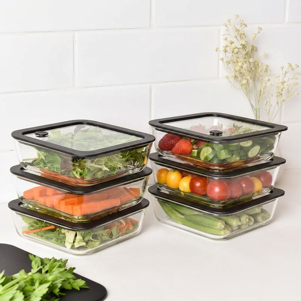Glass Food Storage Containers - Black - 1170ml 6 Set Square