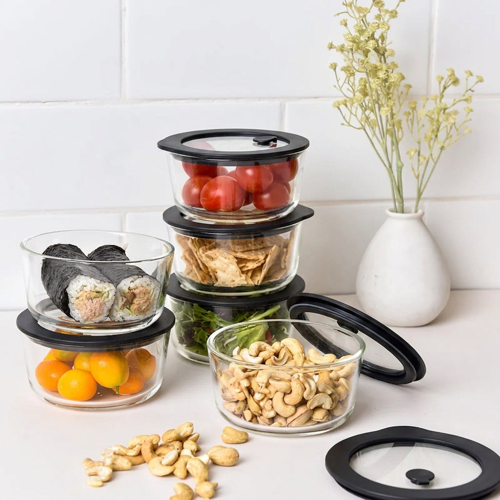 Glass Food Storage Containers - Black - 472ml 6 Set Round