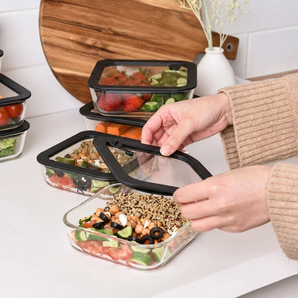 Glass Food Storage Containers - Black - 610ml 6 Set Square