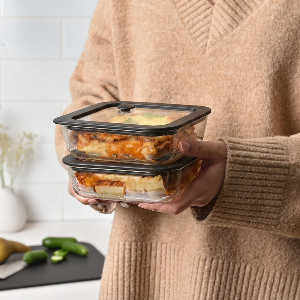 Glass Food Storage Containers - Black - 610ml 6 Set Square