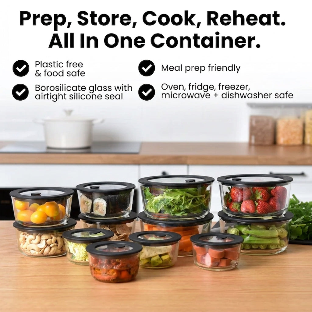 Glass Food Storage Containers - Black - 944ml 6 Set Round
