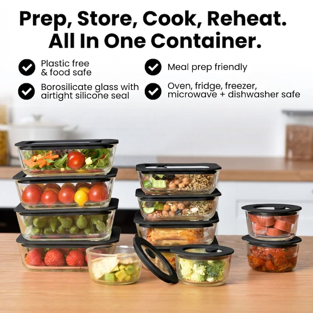 Glass Food Storage Containers 1170ml - Black - 2 Set Square