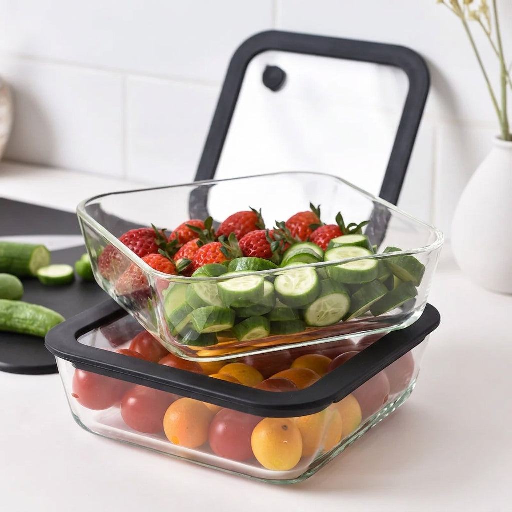 Glass Food Storage Containers 1170ml - Black - 2 Set Square