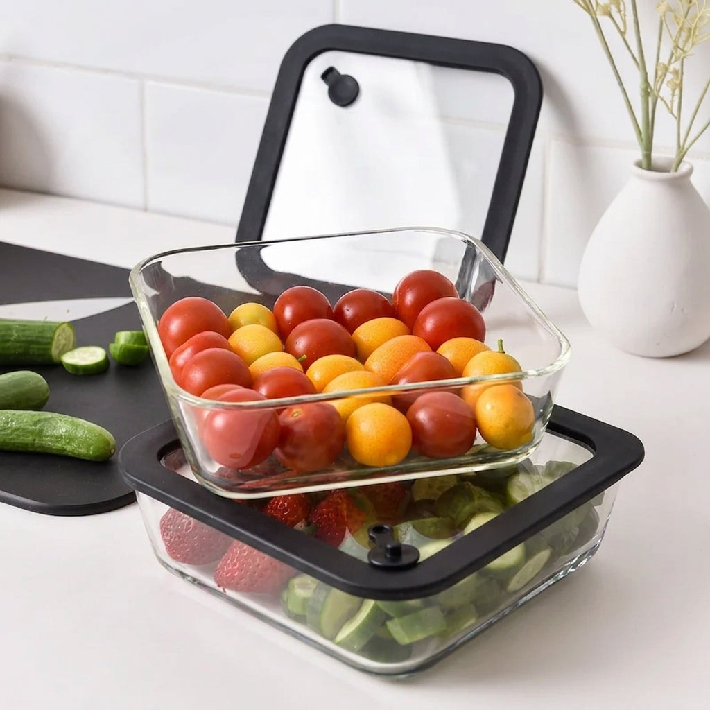 Glass Food Storage Containers 1170ml - Black - 2 Set Square