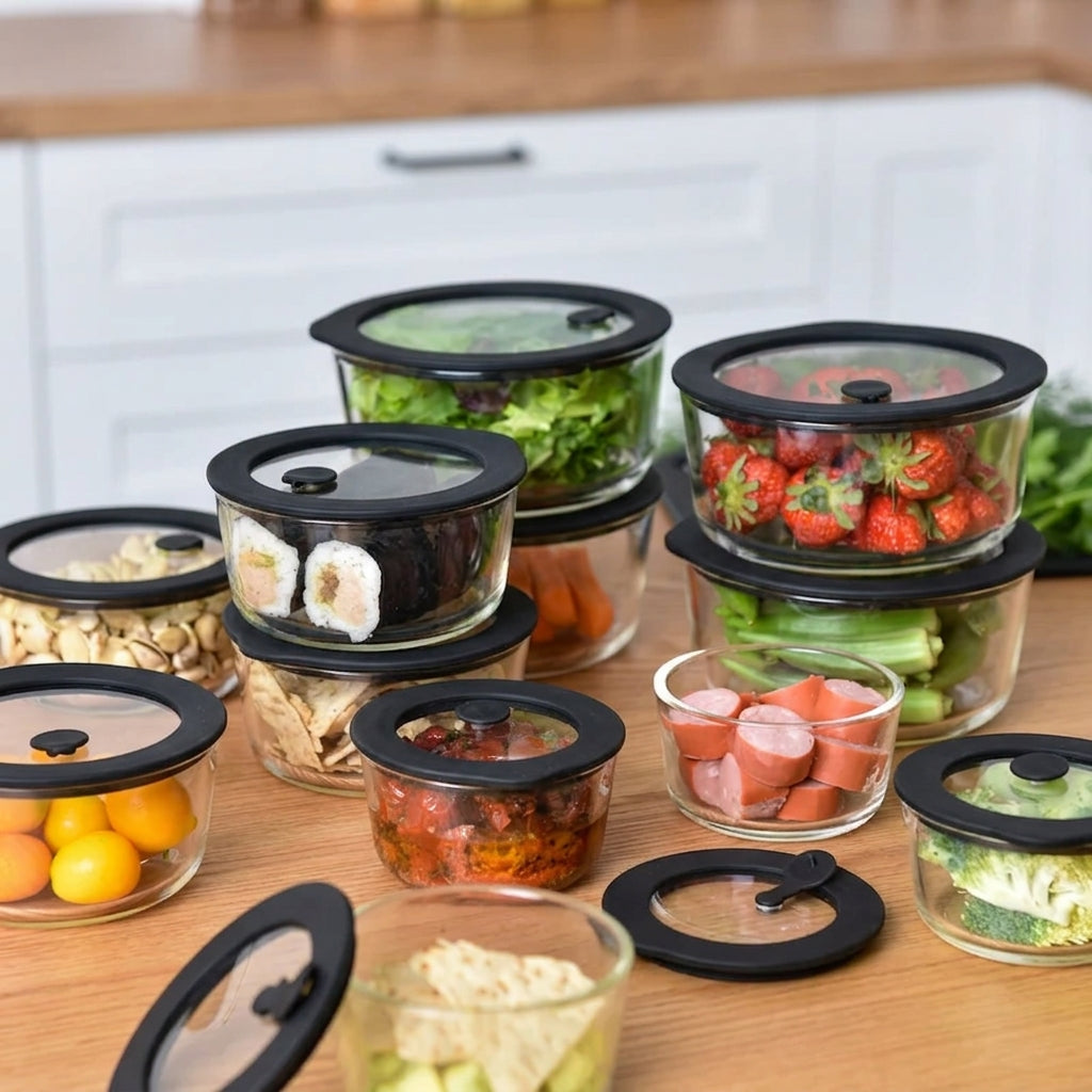 Glass Food Storage Containers 472ml - Black - 2 Set Round