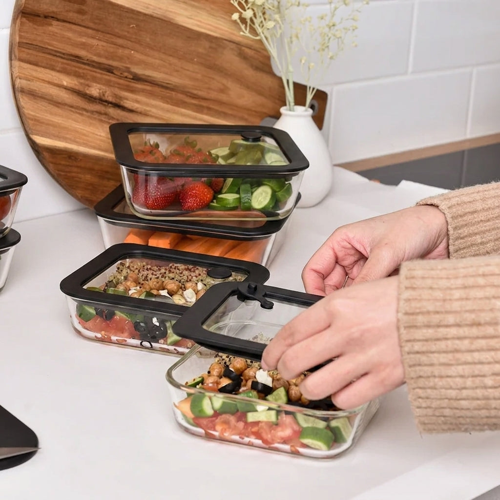 Glass Food Storage Containers 610ml - Black - 2 Set Square