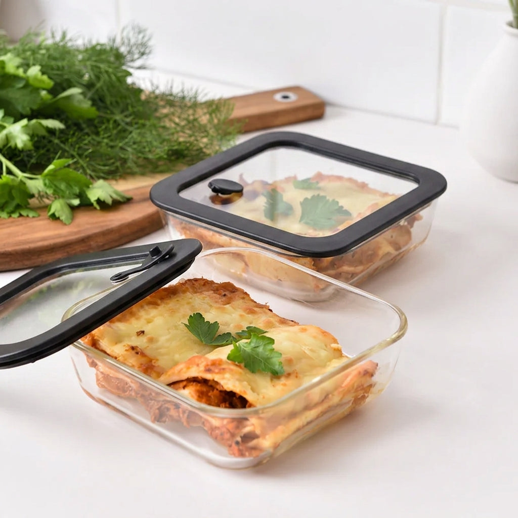 Glass Food Storage Containers 610ml - Black - 2 Set Square
