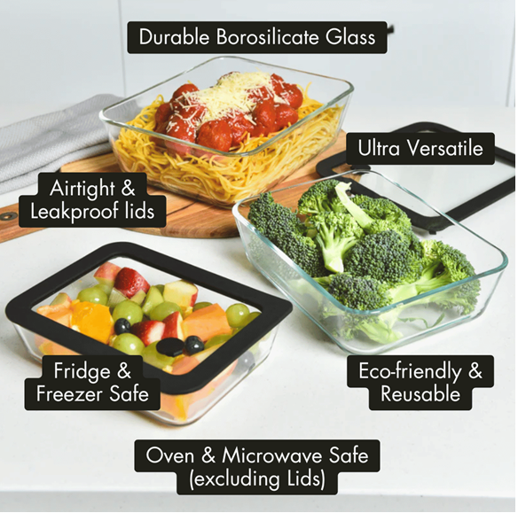 Meal Prep Glass Food Container - 8 Set Rectangle - Black