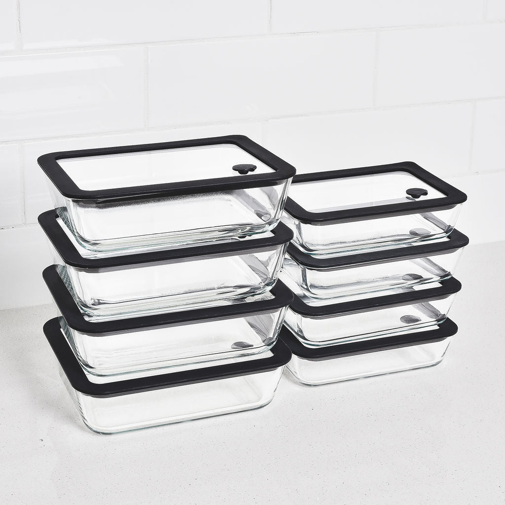 Meal Prep Glass Food Container - 8 Set Rectangle - Black